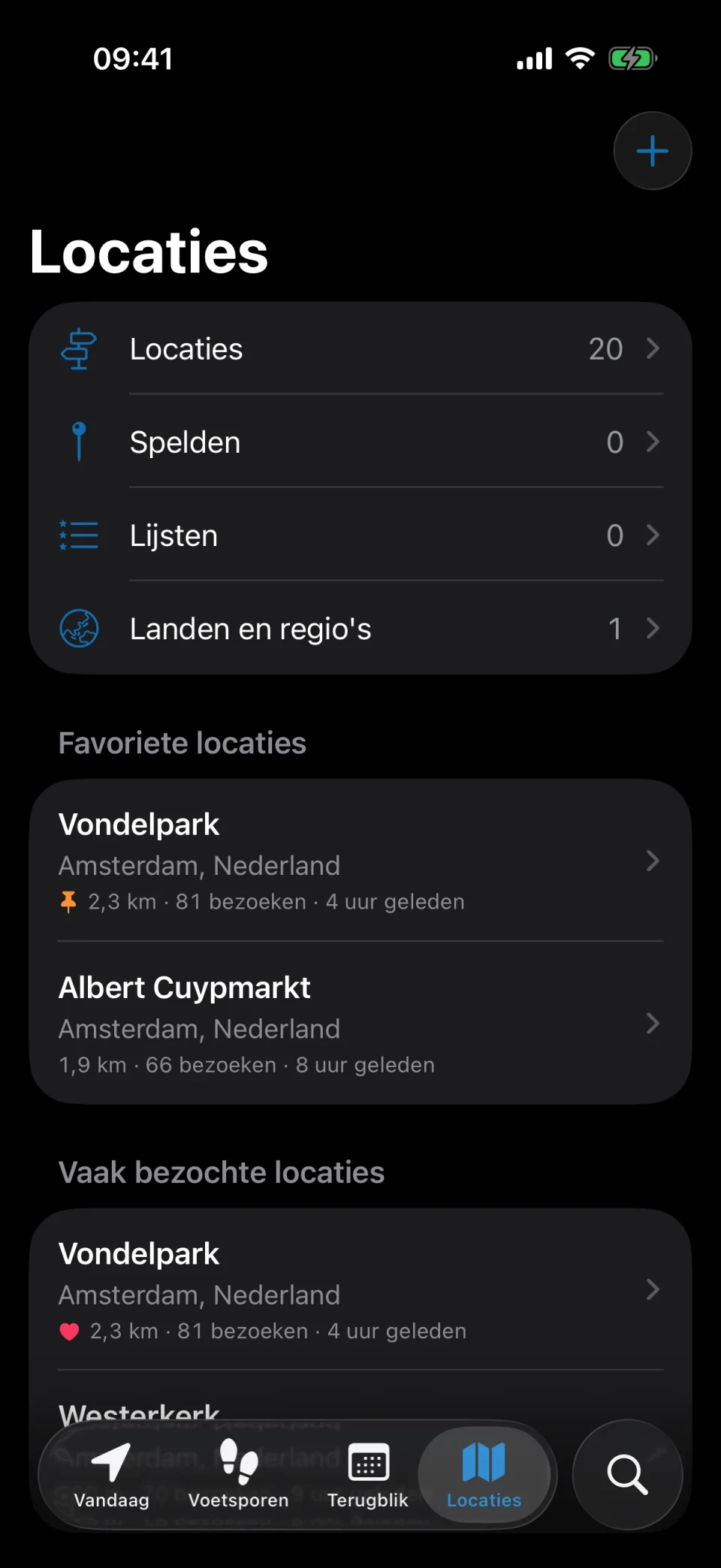 Locaties-tabblad van MeTrail met vaak bezochte plekken, favorieten en tags