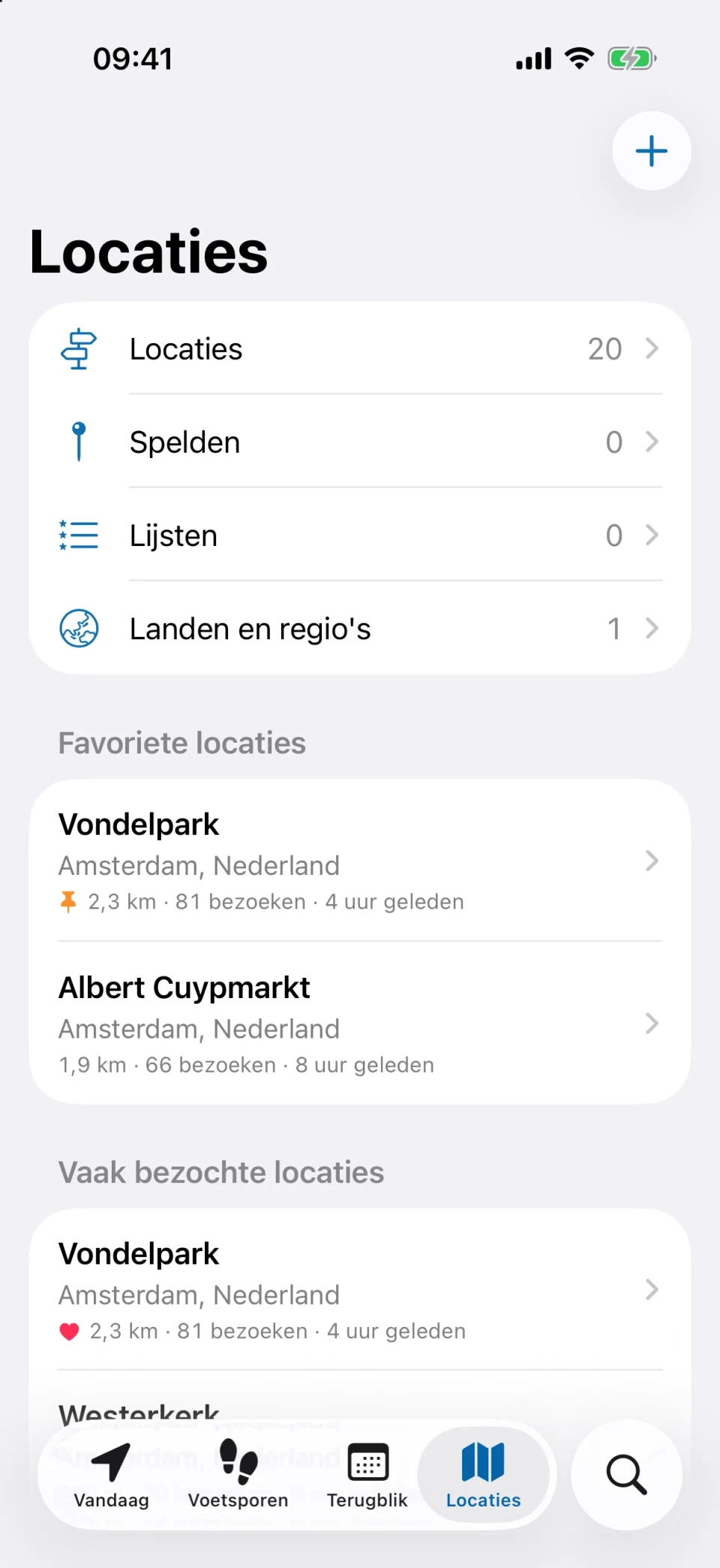 Locaties-tabblad van MeTrail met vaak bezochte plekken, favorieten en tags