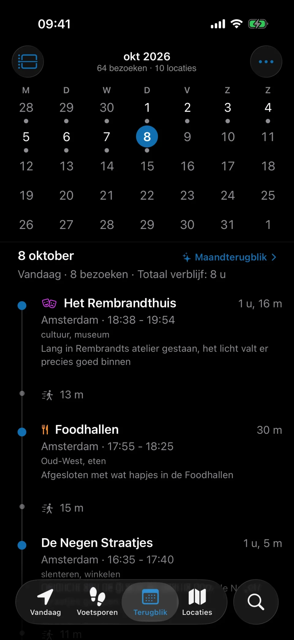 Terugblik-tabblad van MeTrail met een maand aan vastgelegde dagen