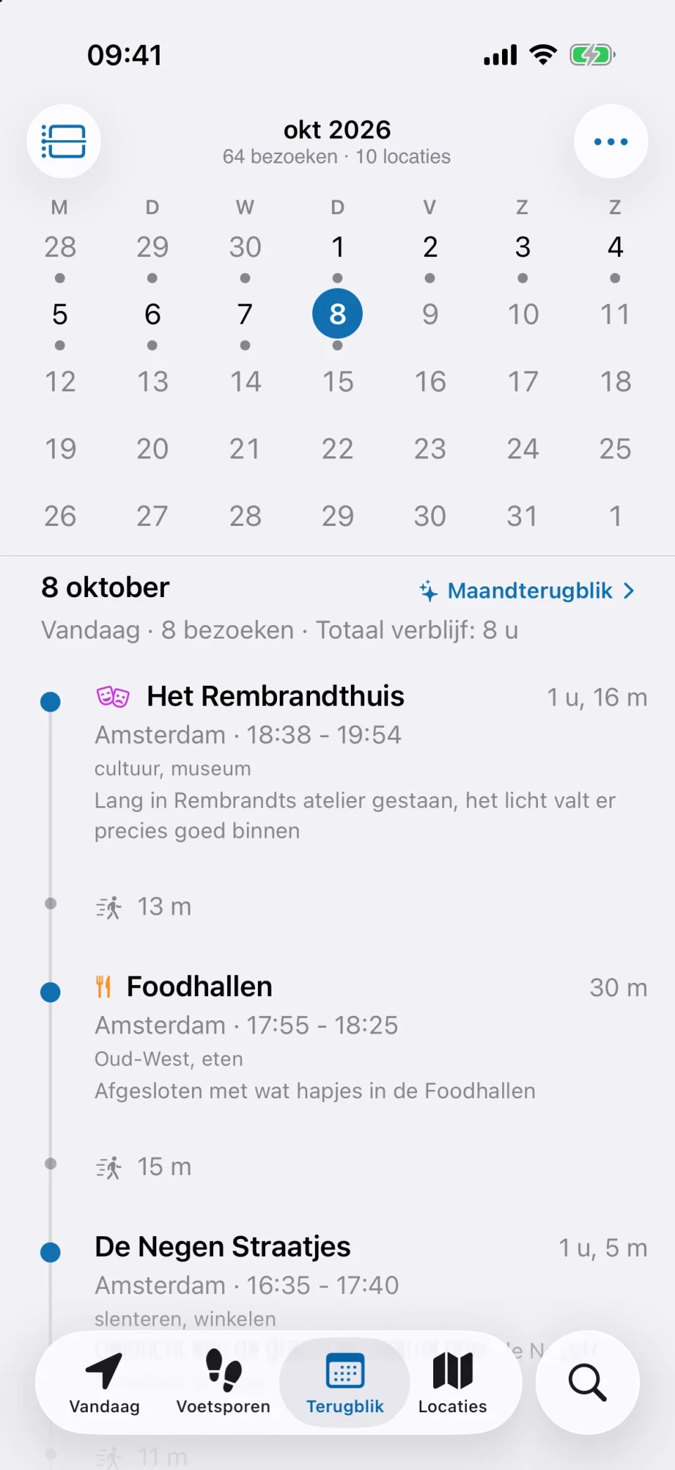 Terugblik-tabblad van MeTrail met een maand aan vastgelegde dagen