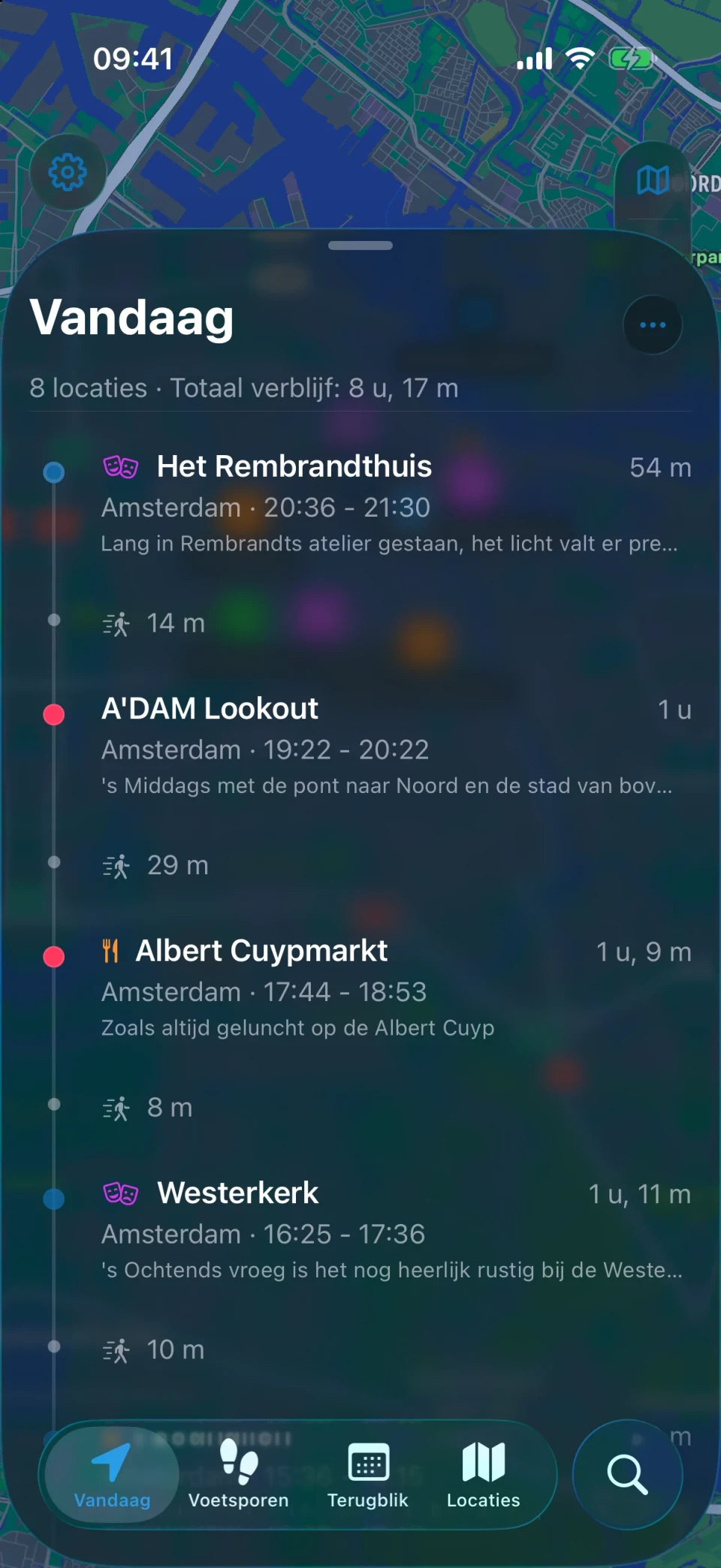 Vandaag-scherm van MeTrail met de route van de dag en de locaties op volgorde