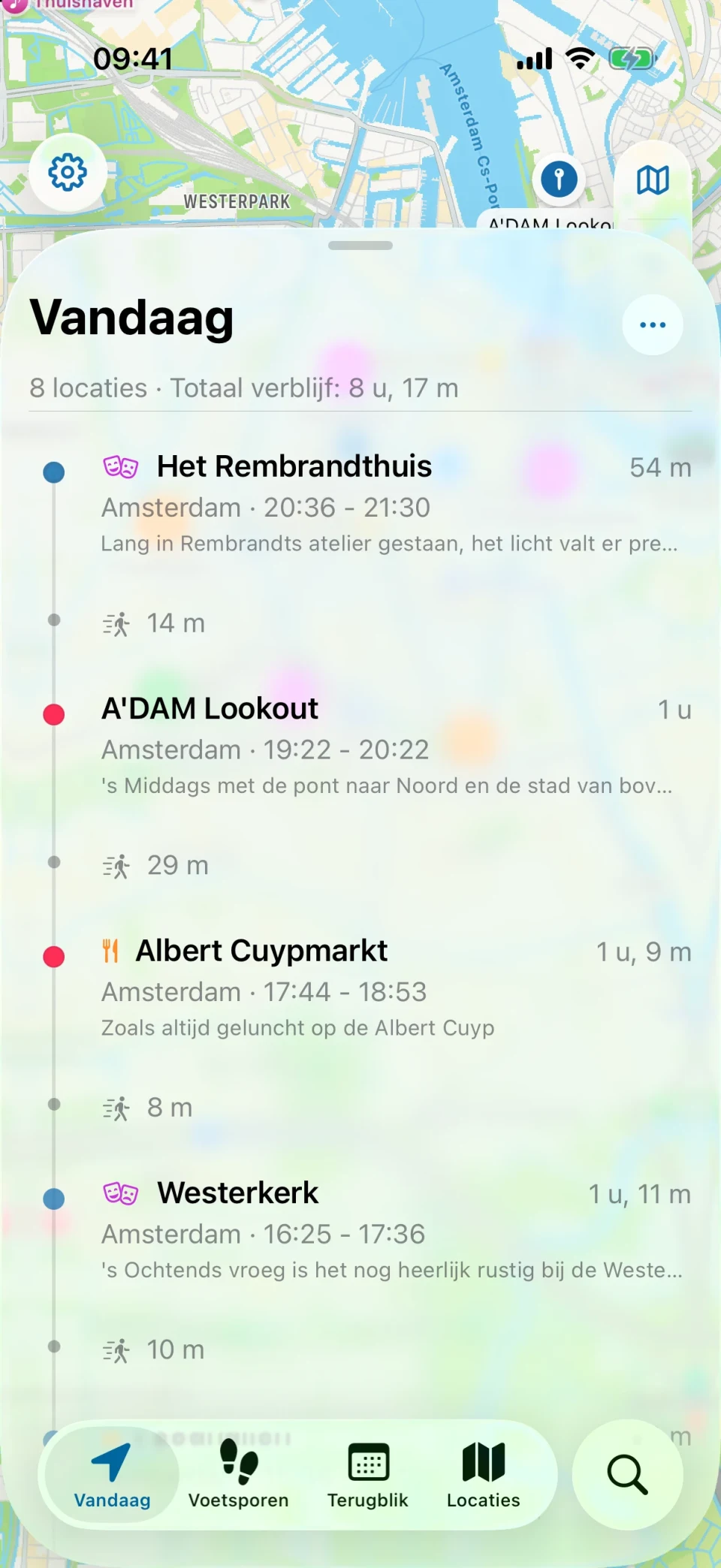 Vandaag-scherm van MeTrail met de route van de dag en de locaties op volgorde
