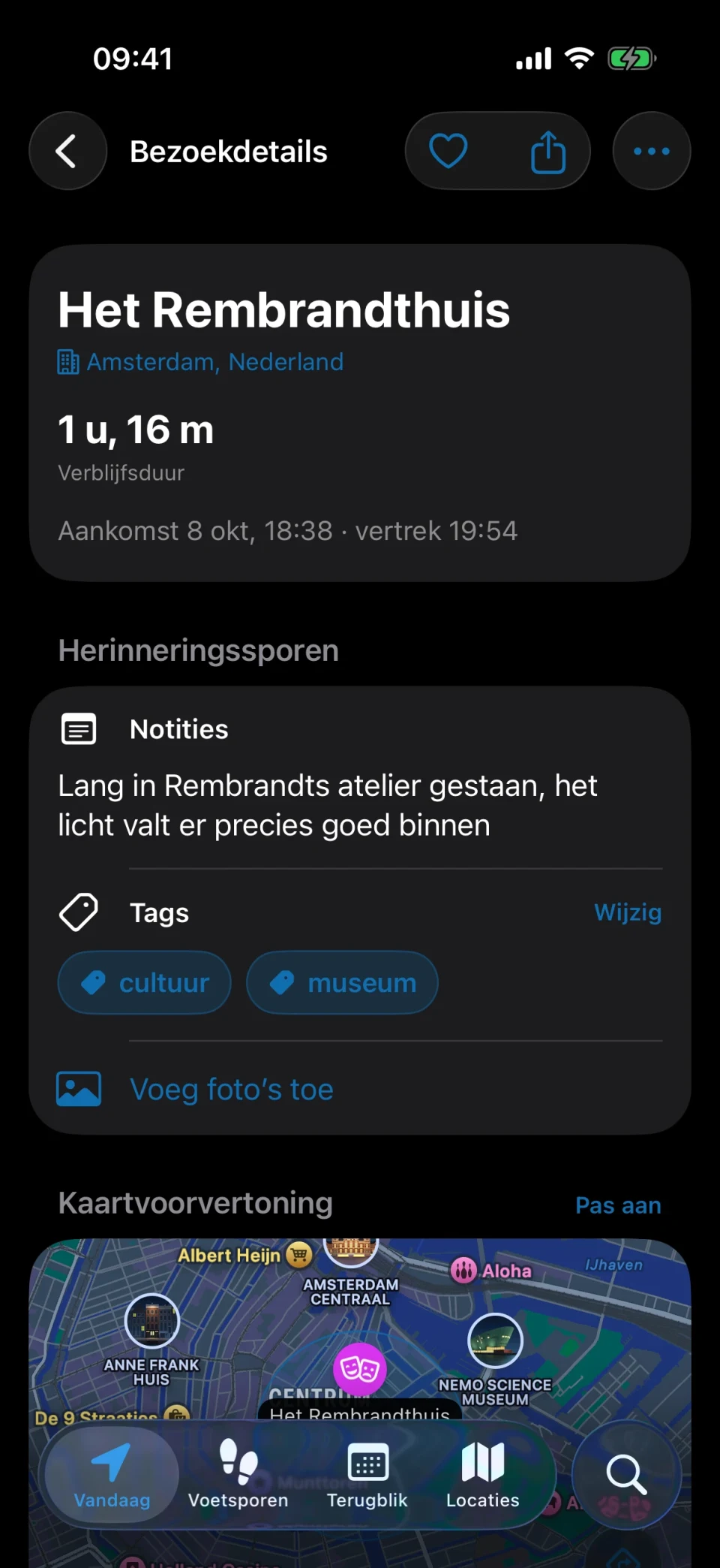 Bezoekdetails in MeTrail met verblijfsduur, snelle acties en bewaarde notities