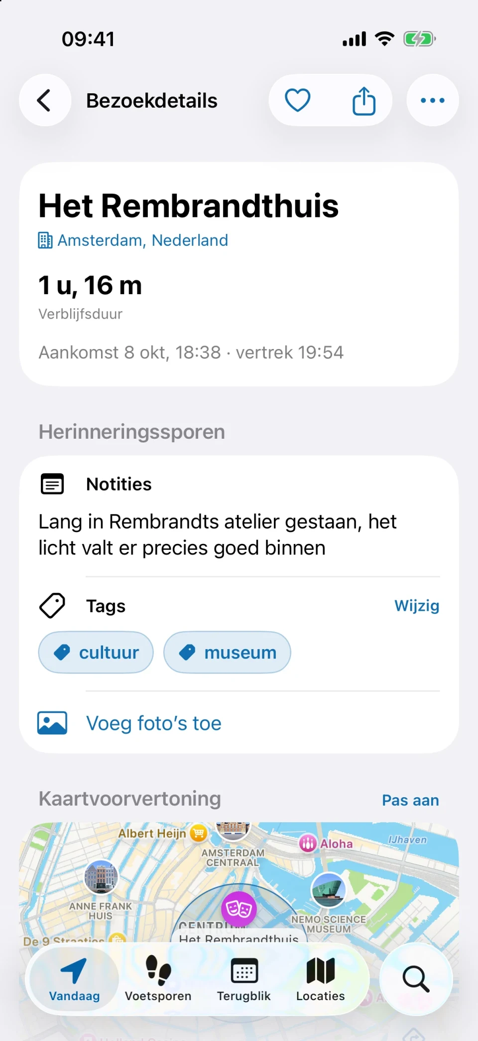Bezoekdetails in MeTrail met verblijfsduur, snelle acties en bewaarde notities