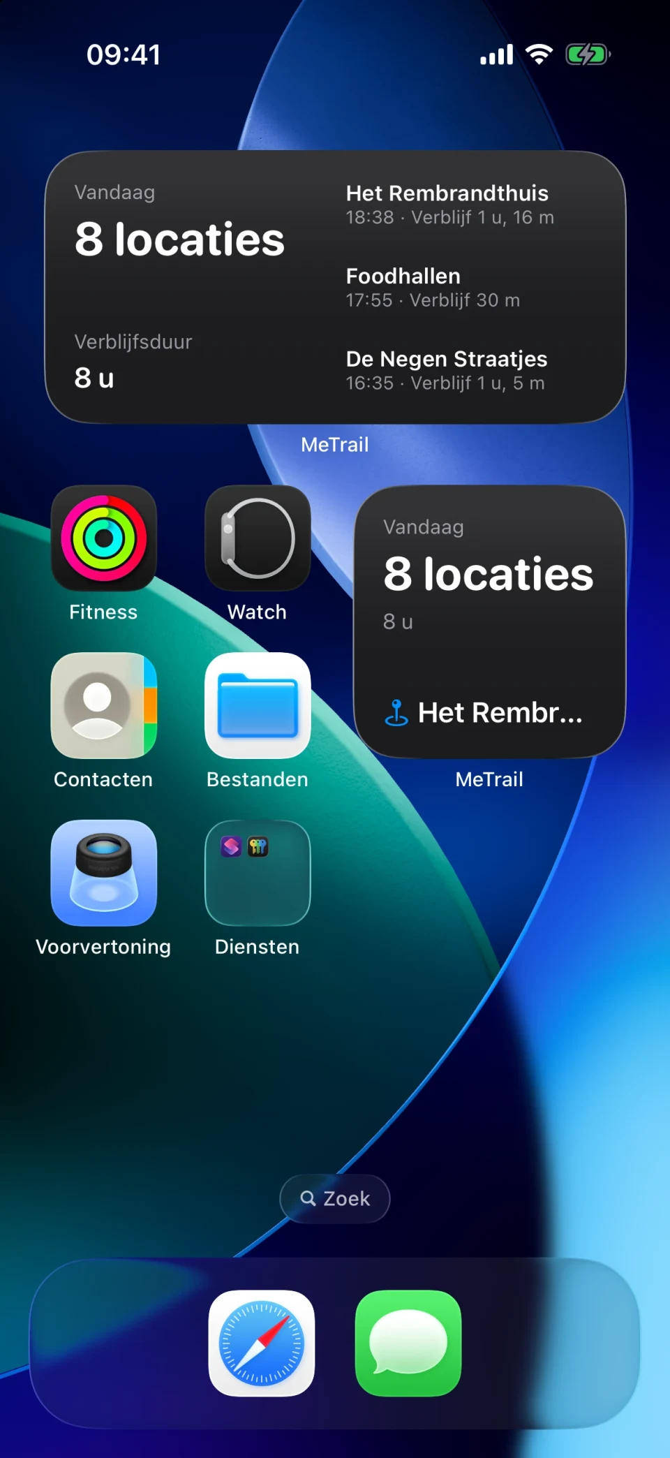 Widget van MeTrail op het beginscherm met het overzicht van vandaag en recente gegevens