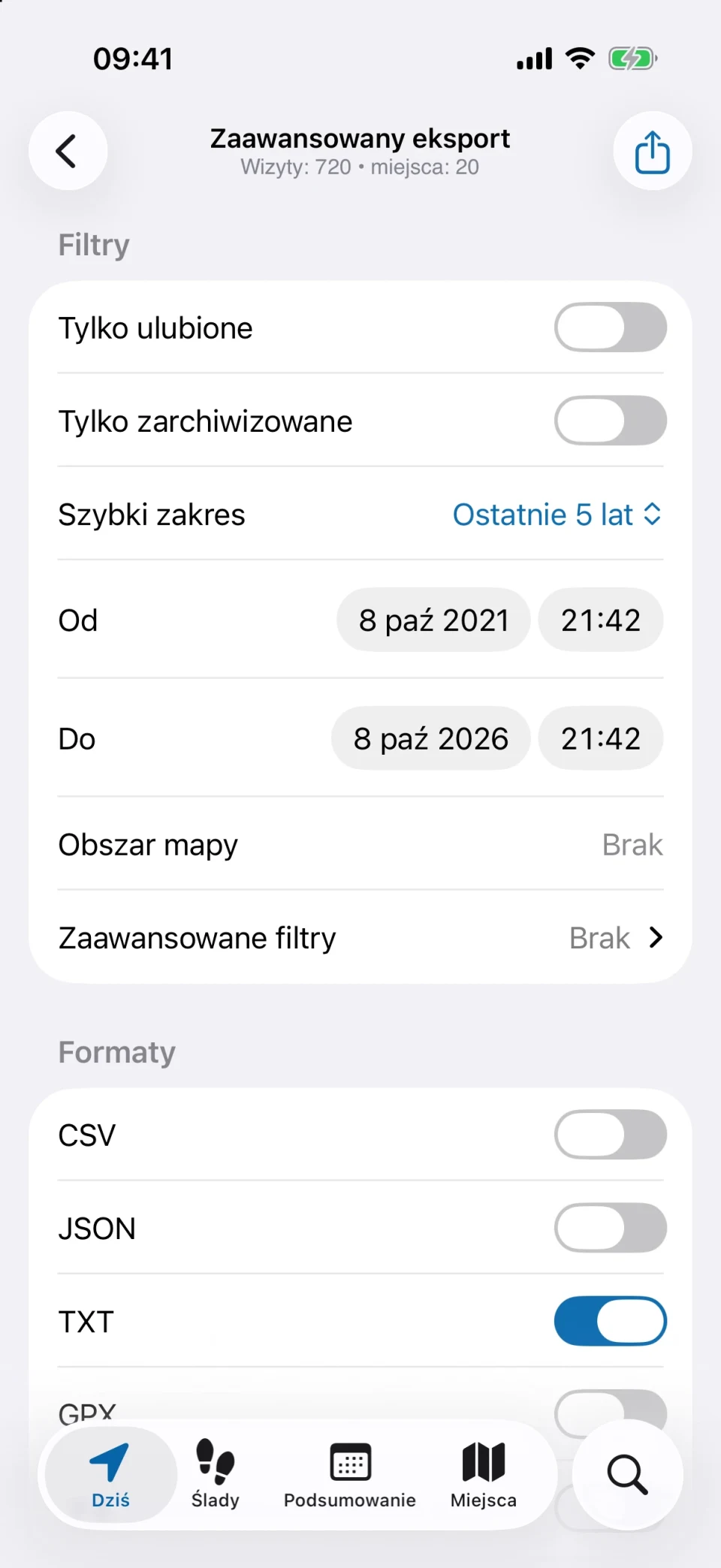Zaawansowany eksport w MeTrail z filtrami i wyborem formatu
