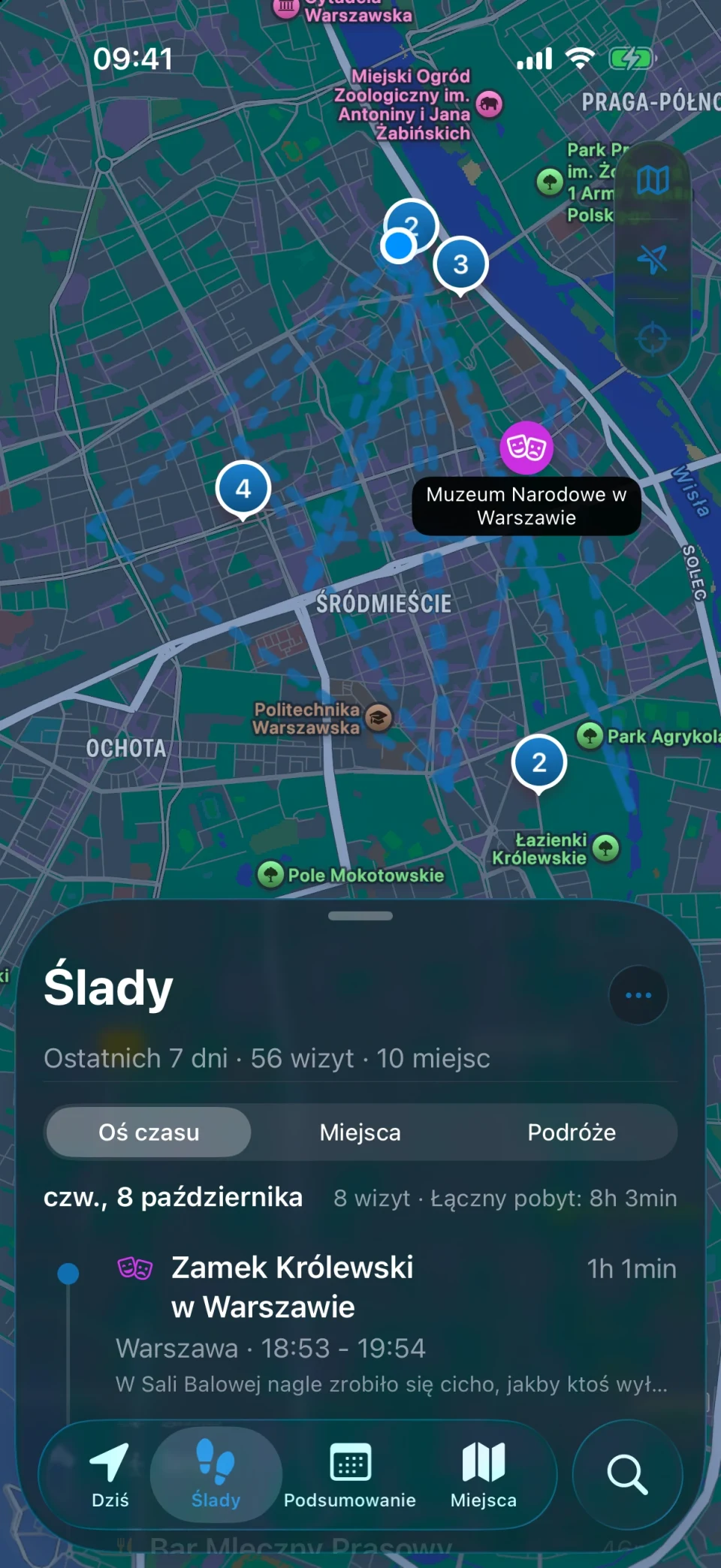 Widok Ślady w MeTrail z podsumowaniem odwiedzonych miejsc i listą wizyt dzień po dniu