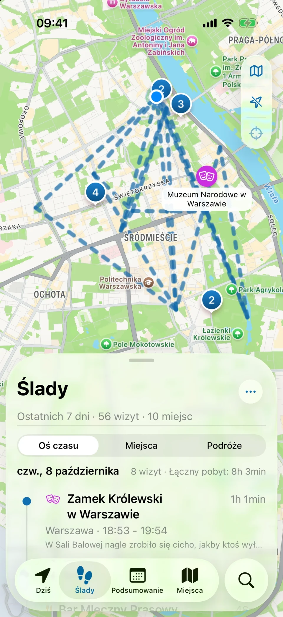 Widok Ślady w MeTrail z podsumowaniem odwiedzonych miejsc i listą wizyt dzień po dniu