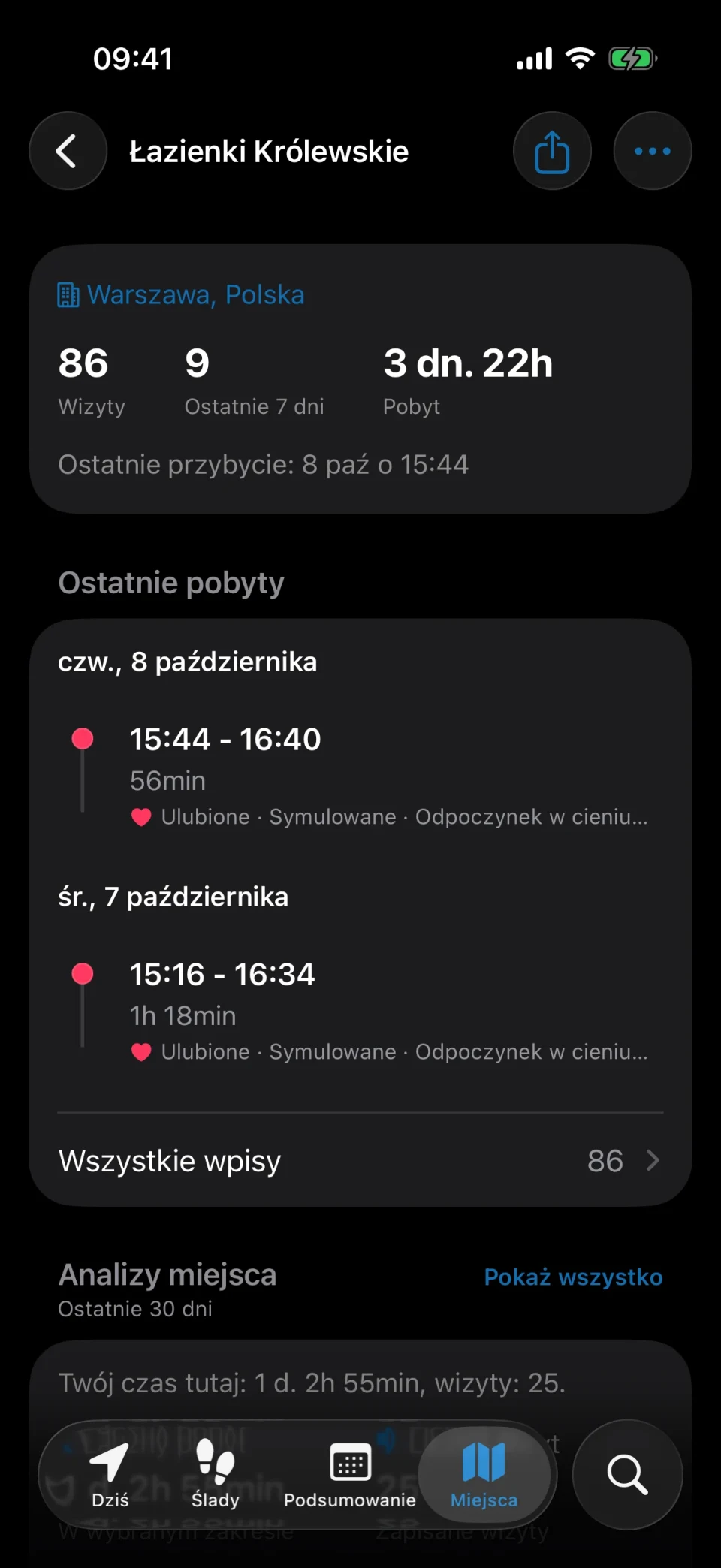 Szczegóły miejsca w MeTrail z liczbą wizyt, czasem pobytu i historią