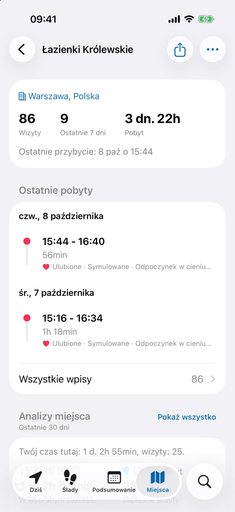 Szczegóły miejsca w MeTrail z liczbą wizyt, czasem pobytu i historią