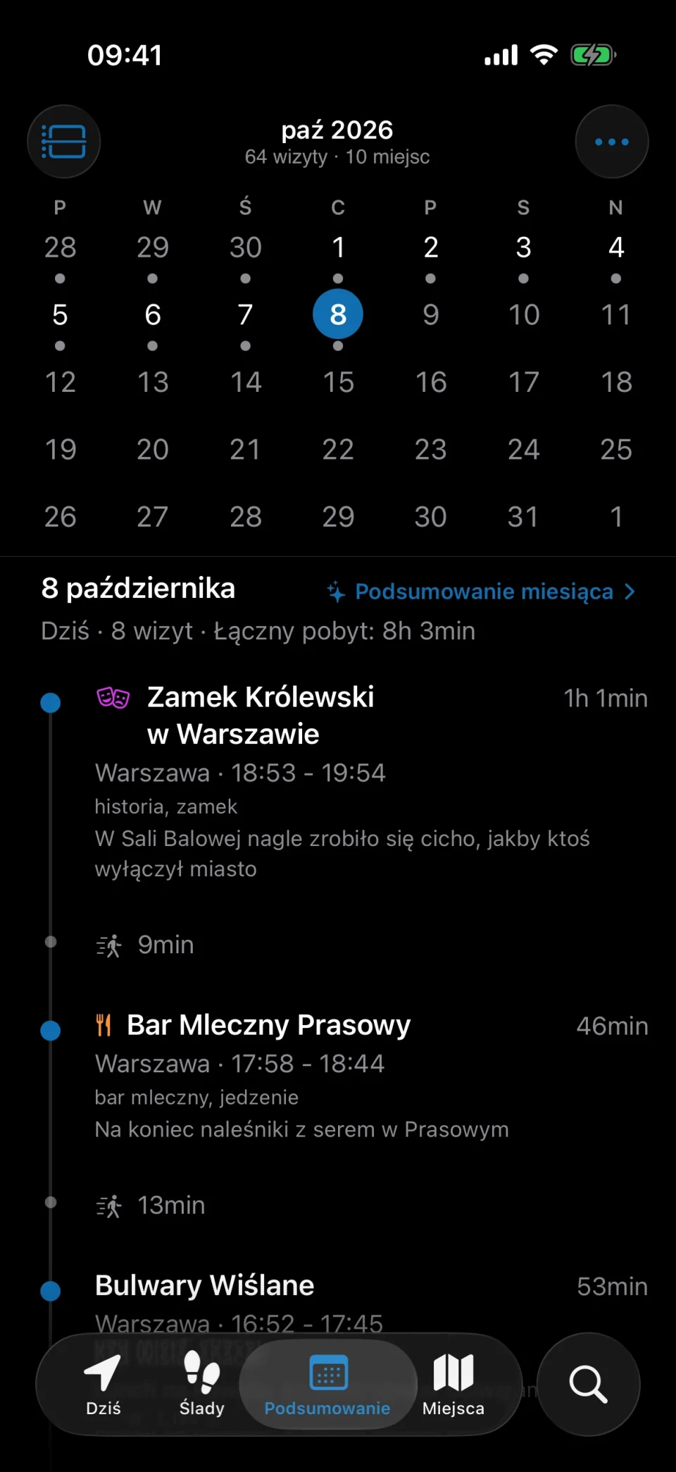 Karta Podsumowanie w MeTrail z miesiącem zapisanych dni