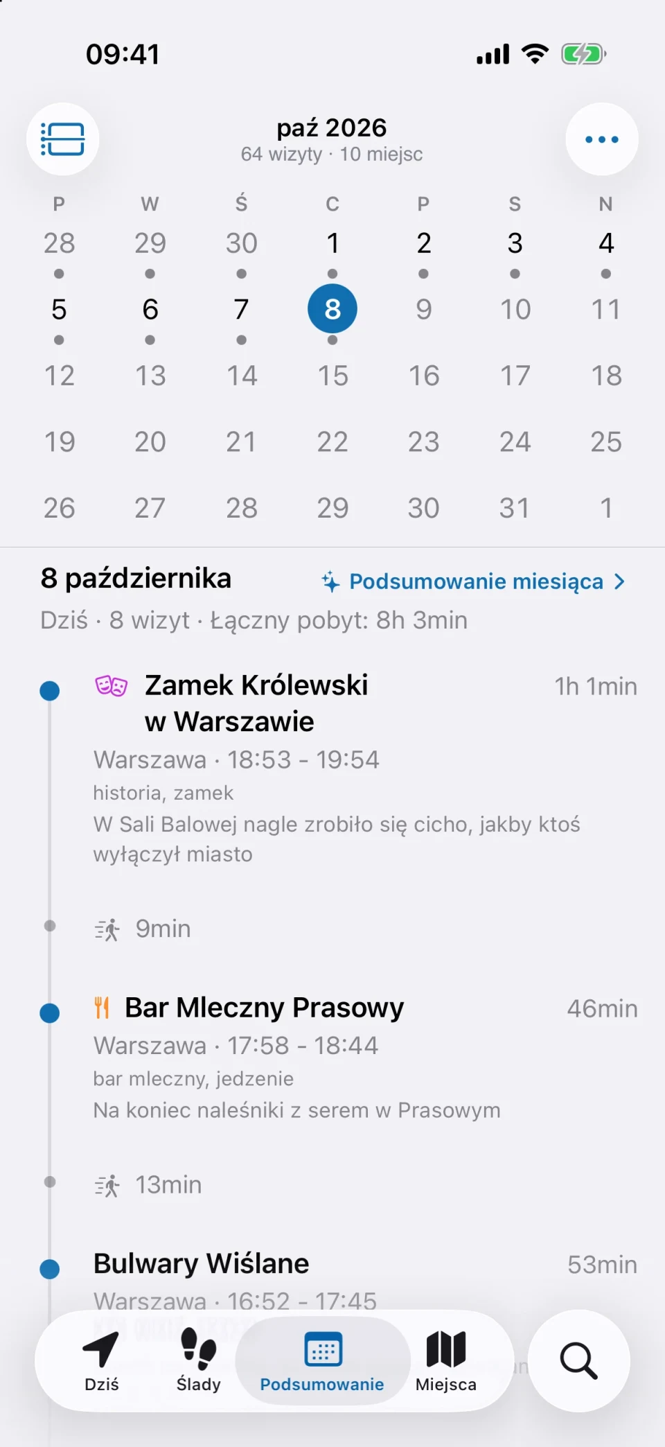 Karta Podsumowanie w MeTrail z miesiącem zapisanych dni