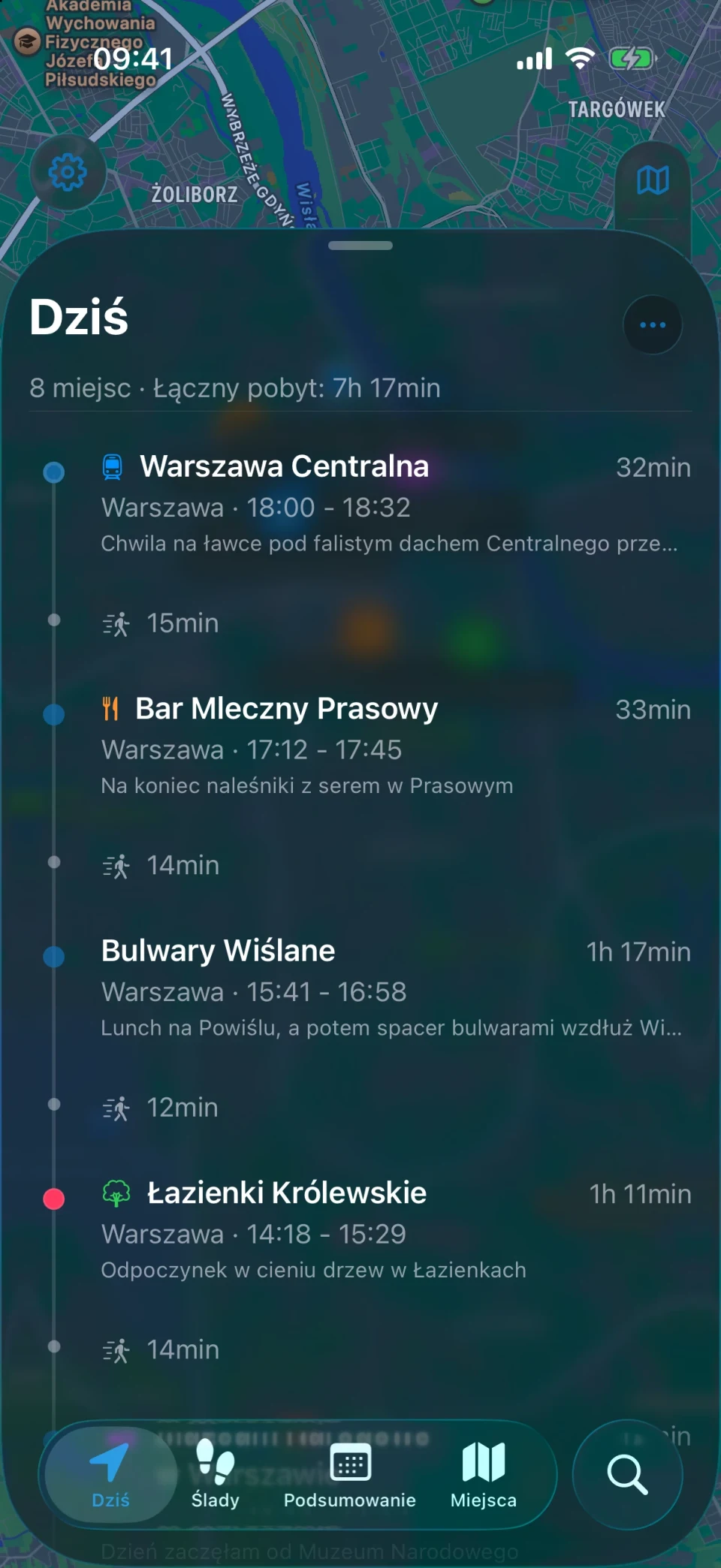 Ekran Dziś w MeTrail z trasą dnia i miejscami w kolejności odwiedzin