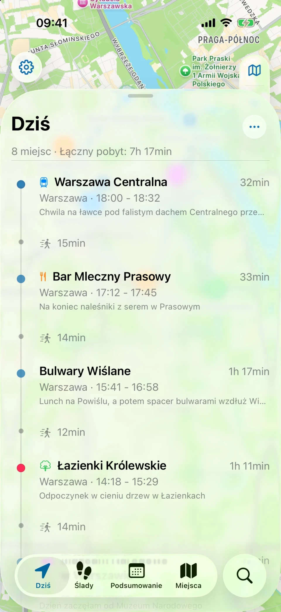 Ekran Dziś w MeTrail z trasą dnia i miejscami w kolejności odwiedzin