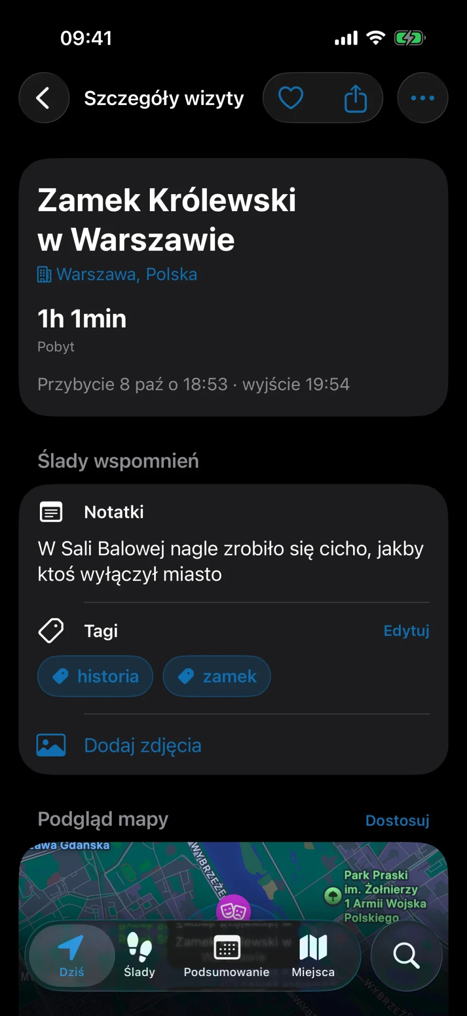 Szczegóły wizyty w MeTrail z czasem pobytu, szybkimi akcjami i zapisanymi notatkami