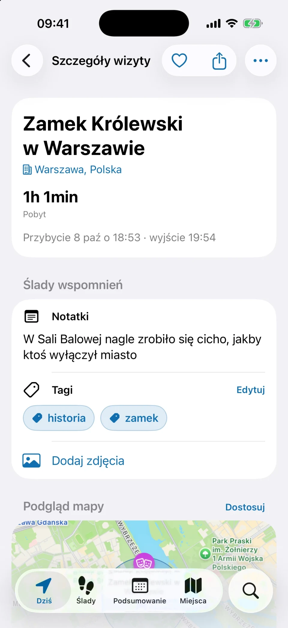 Szczegóły wizyty w MeTrail z czasem pobytu, szybkimi akcjami i zapisanymi notatkami