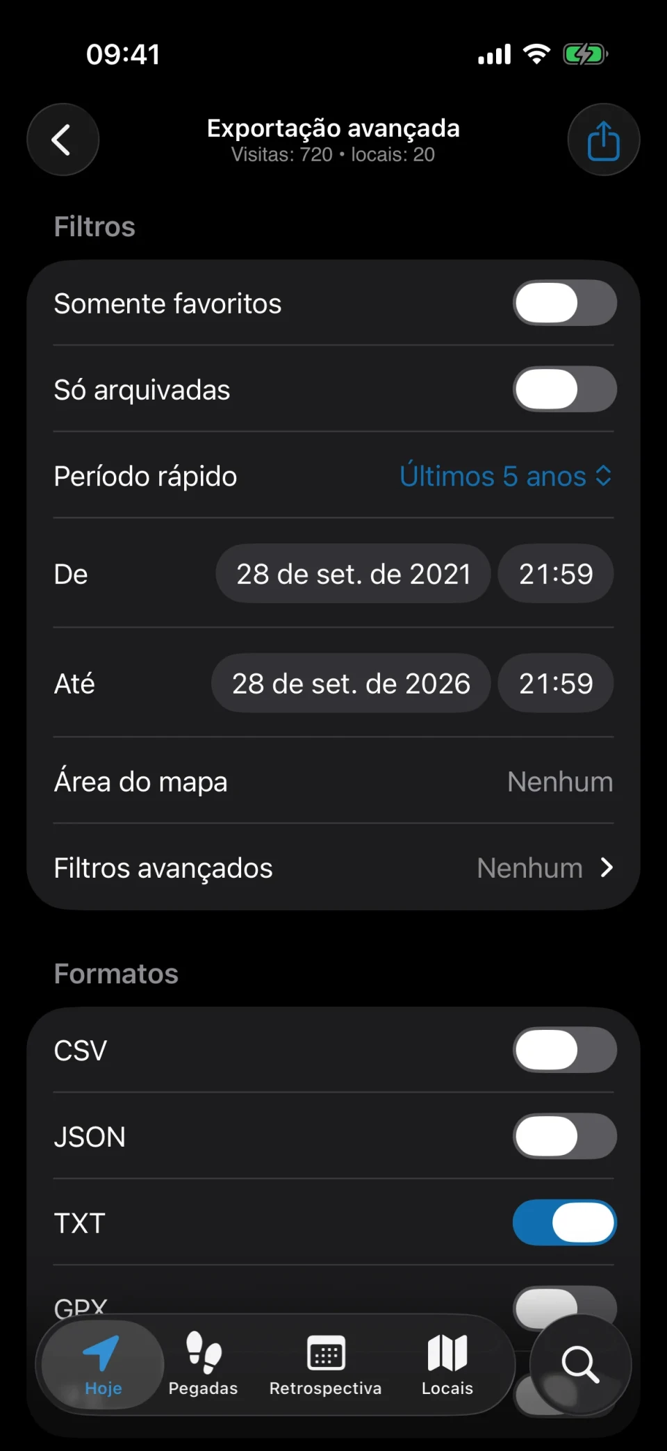 Exportação avançada do MeTrail com filtros e opções de formato