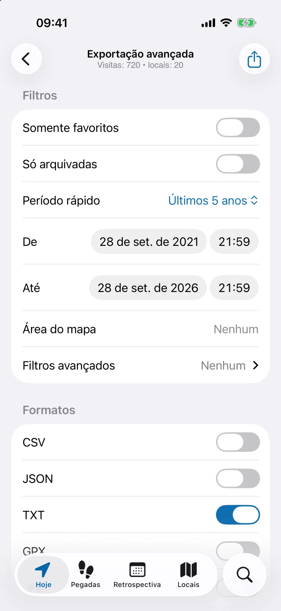 Exportação avançada do MeTrail com filtros e opções de formato
