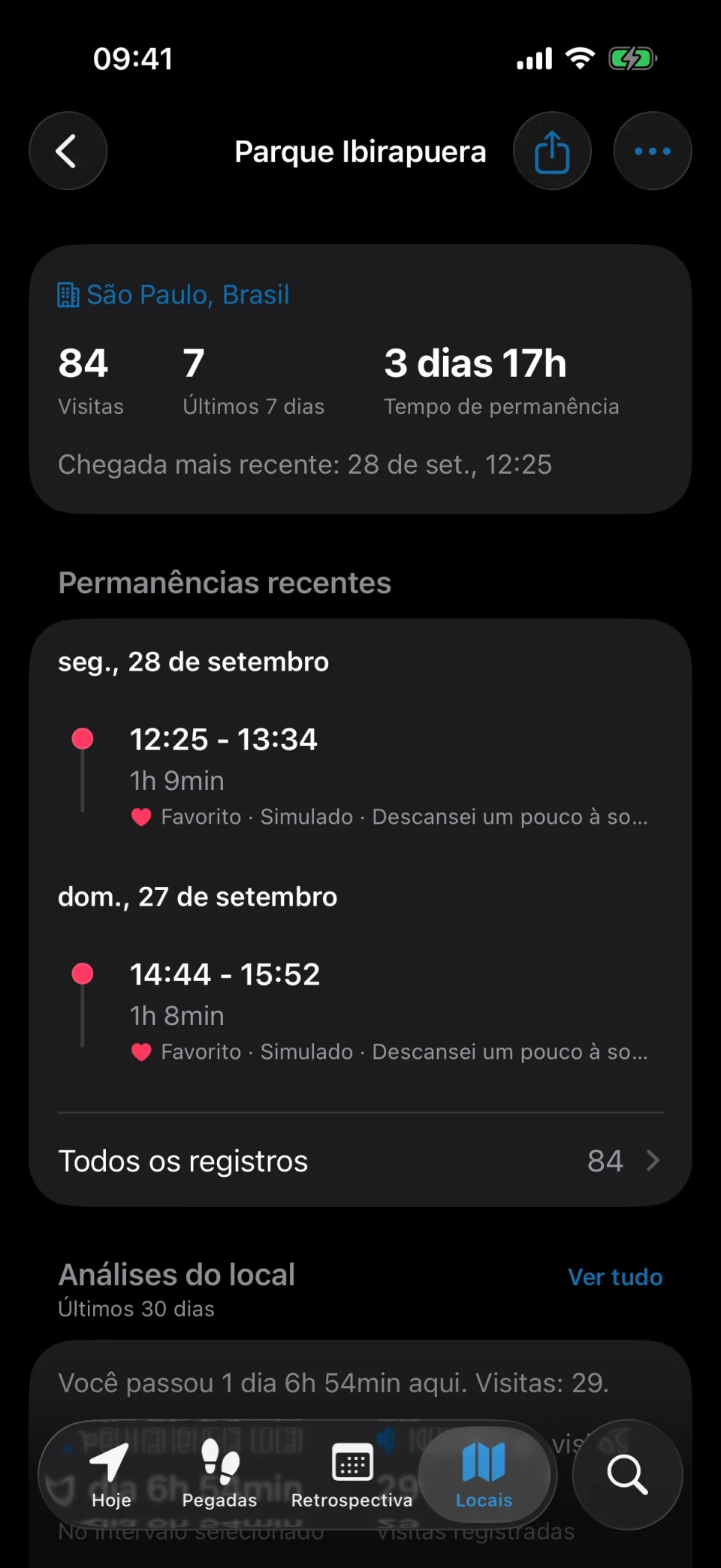 Tela de detalhes do local no MeTrail com número de visitas, tempo de permanência e histórico