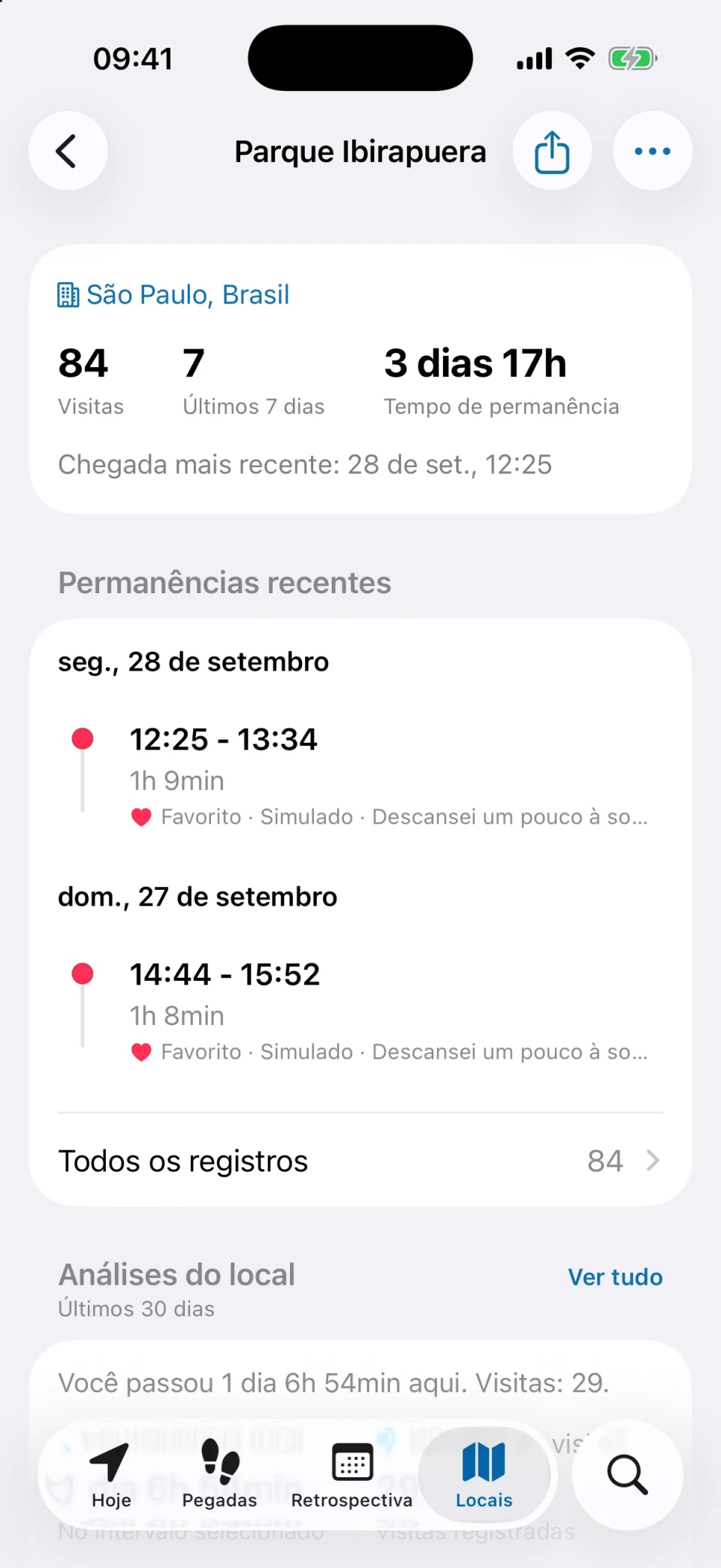 Tela de detalhes do local no MeTrail com número de visitas, tempo de permanência e histórico