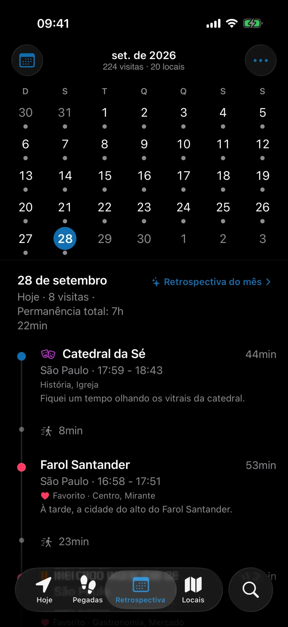 Aba Retrospectiva do MeTrail mostrando um mês de dias registrados