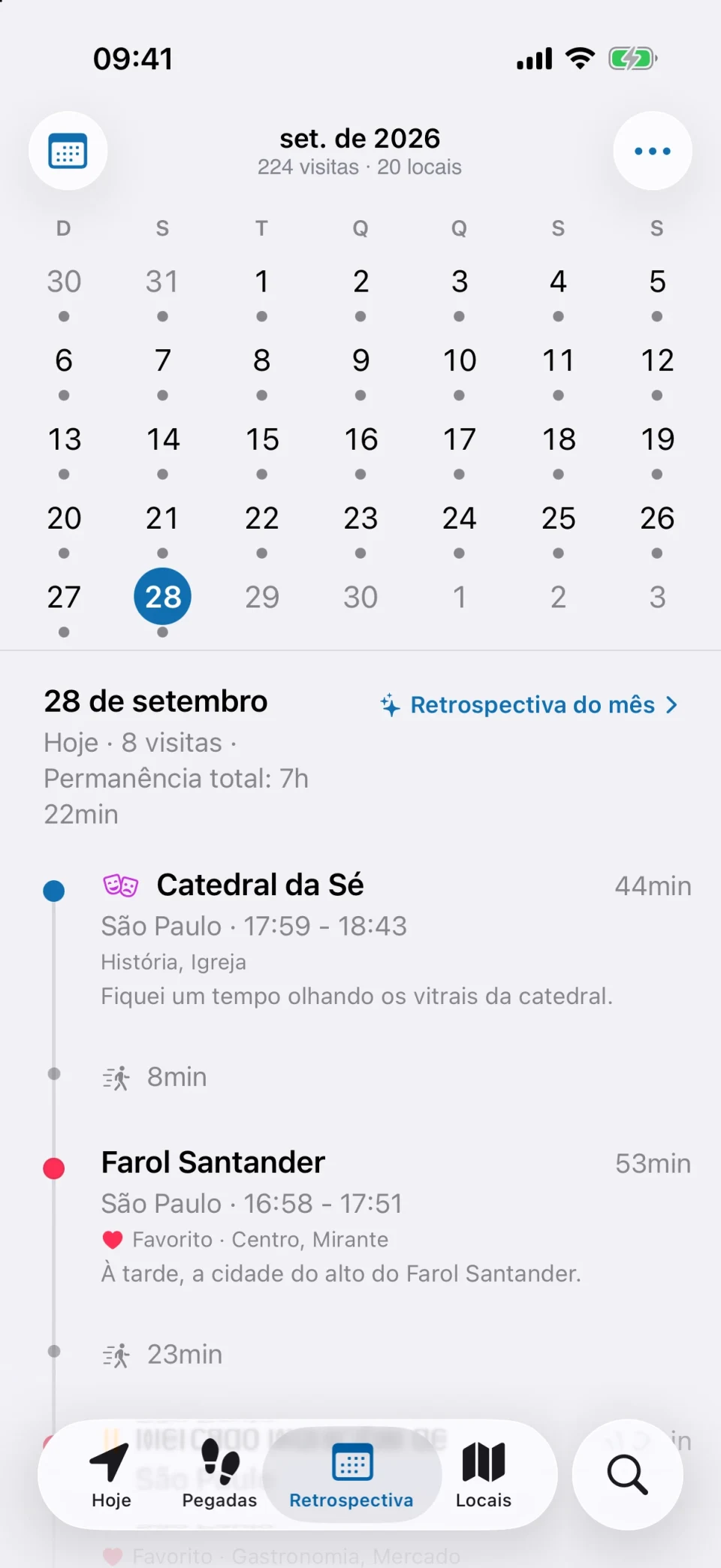 Aba Retrospectiva do MeTrail mostrando um mês de dias registrados