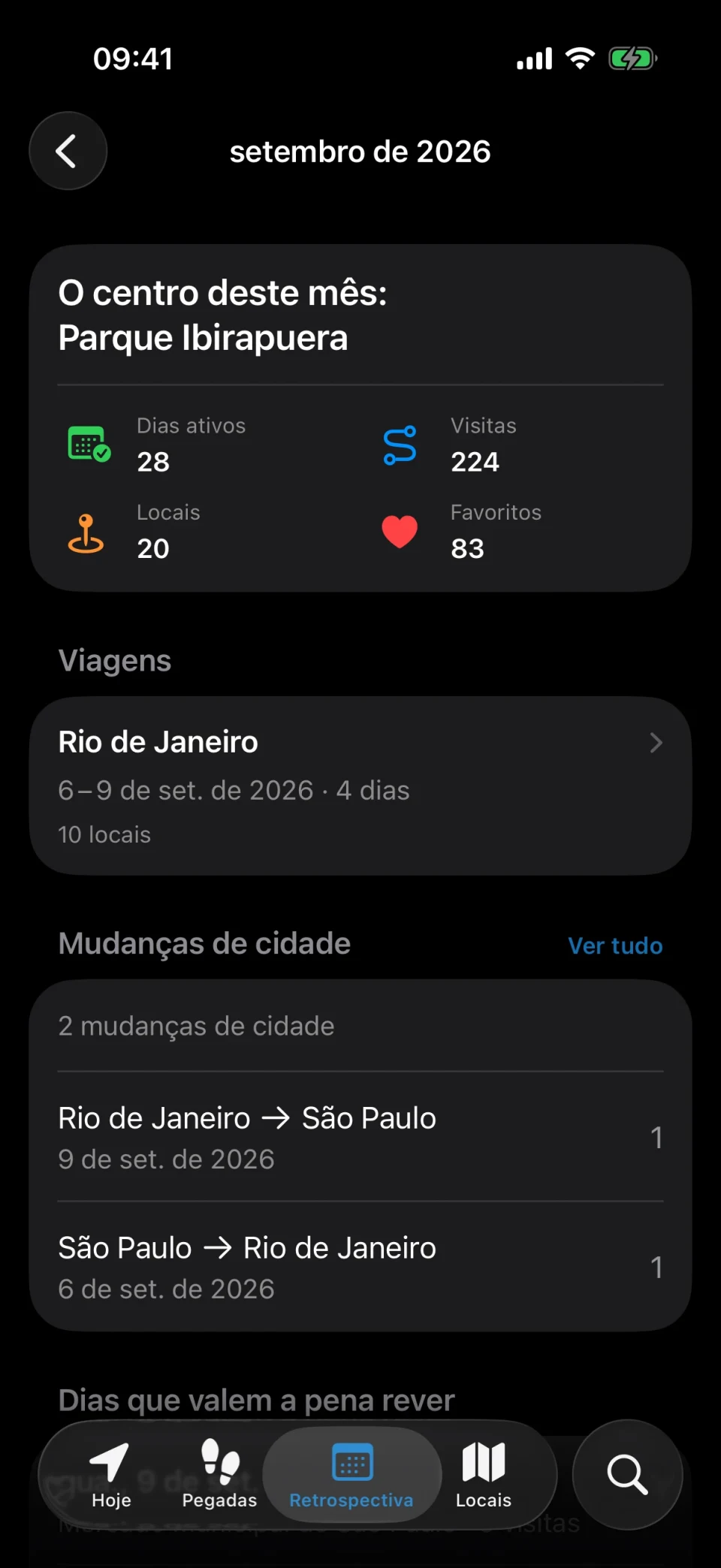 Retrospectiva mensal do MeTrail com dias ativos, número de visitas e comparação com o mês passado