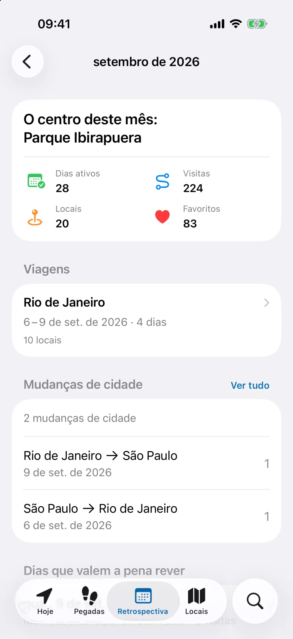Retrospectiva mensal do MeTrail com dias ativos, número de visitas e comparação com o mês passado