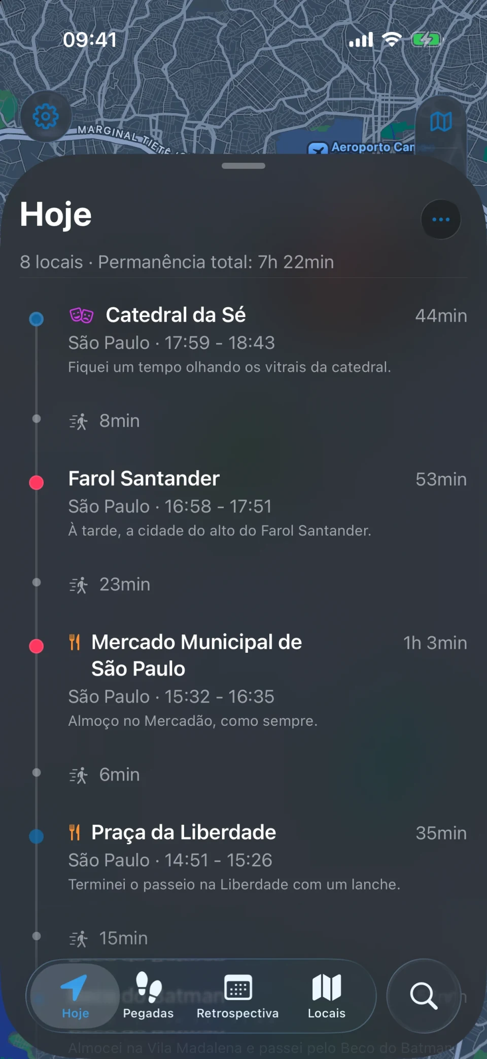 Tela Hoje do MeTrail com o trajeto do dia e os locais listados em ordem