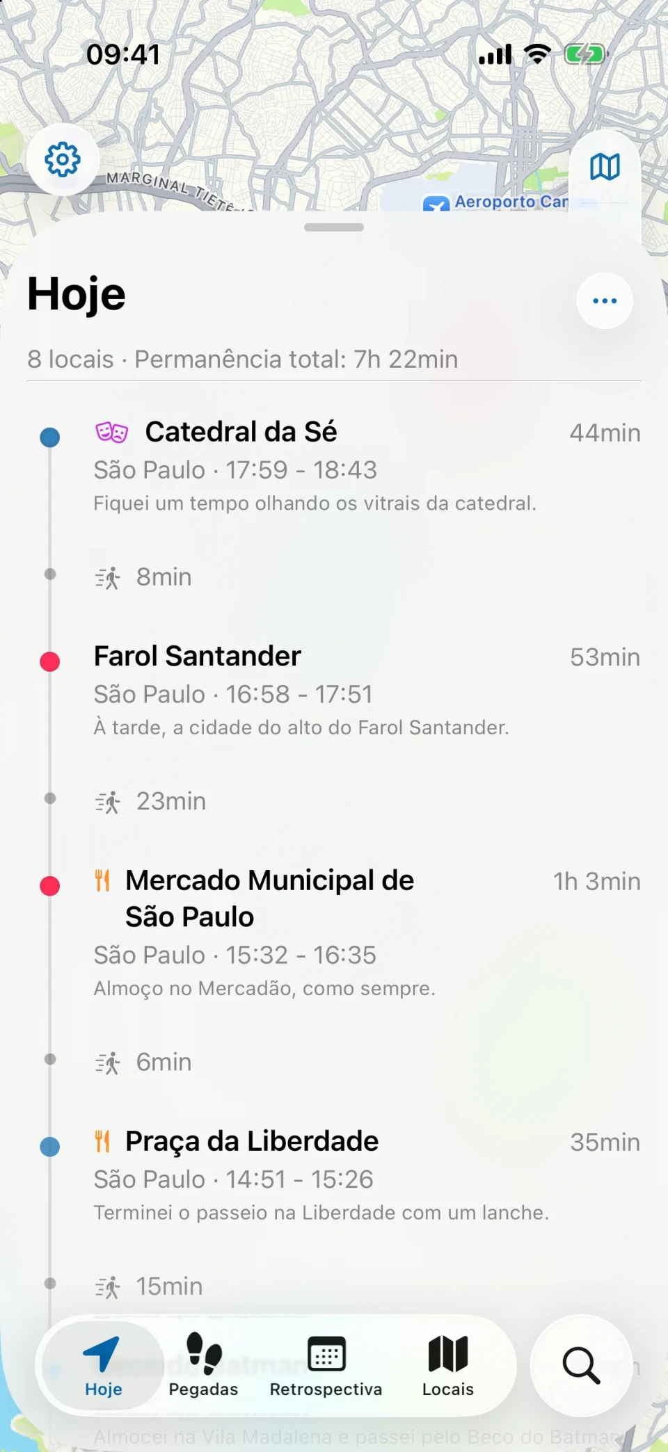 Tela Hoje do MeTrail com o trajeto do dia e os locais listados em ordem