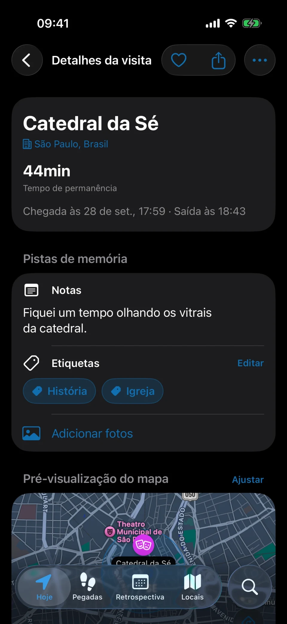 Tela de detalhes da visita no MeTrail com tempo de permanência, ações rápidas e notas salvas