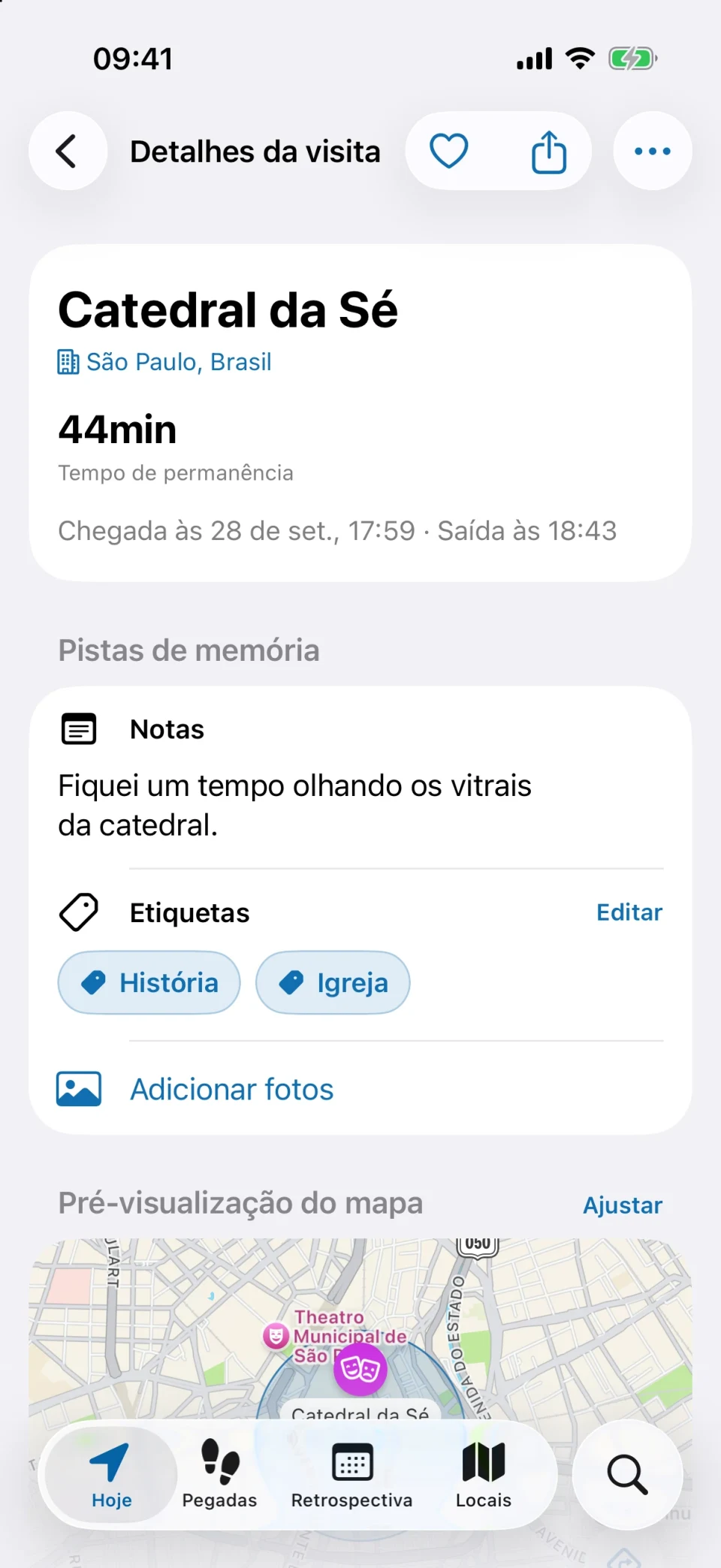 Tela de detalhes da visita no MeTrail com tempo de permanência, ações rápidas e notas salvas