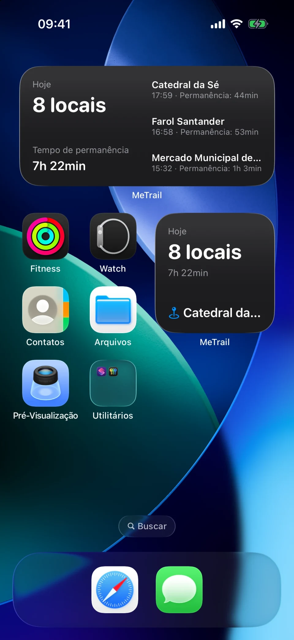 Widget do MeTrail na Tela de Início mostrando o resumo de hoje e os registros recentes