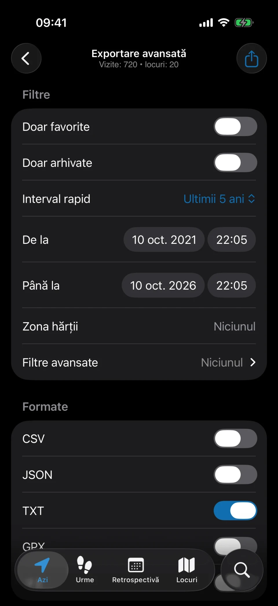 Exportarea avansată din MeTrail cu filtre și alegerea formatului