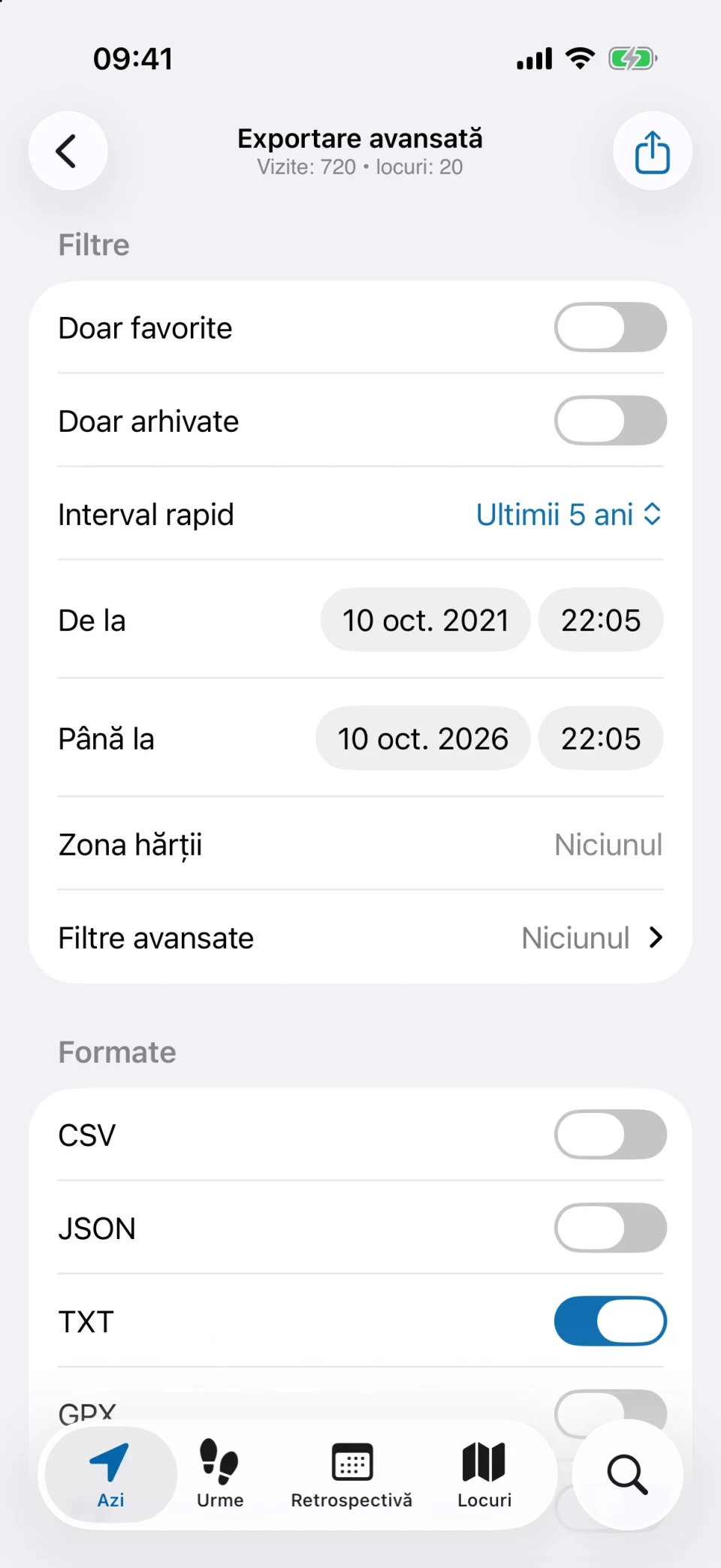Exportarea avansată din MeTrail cu filtre și alegerea formatului