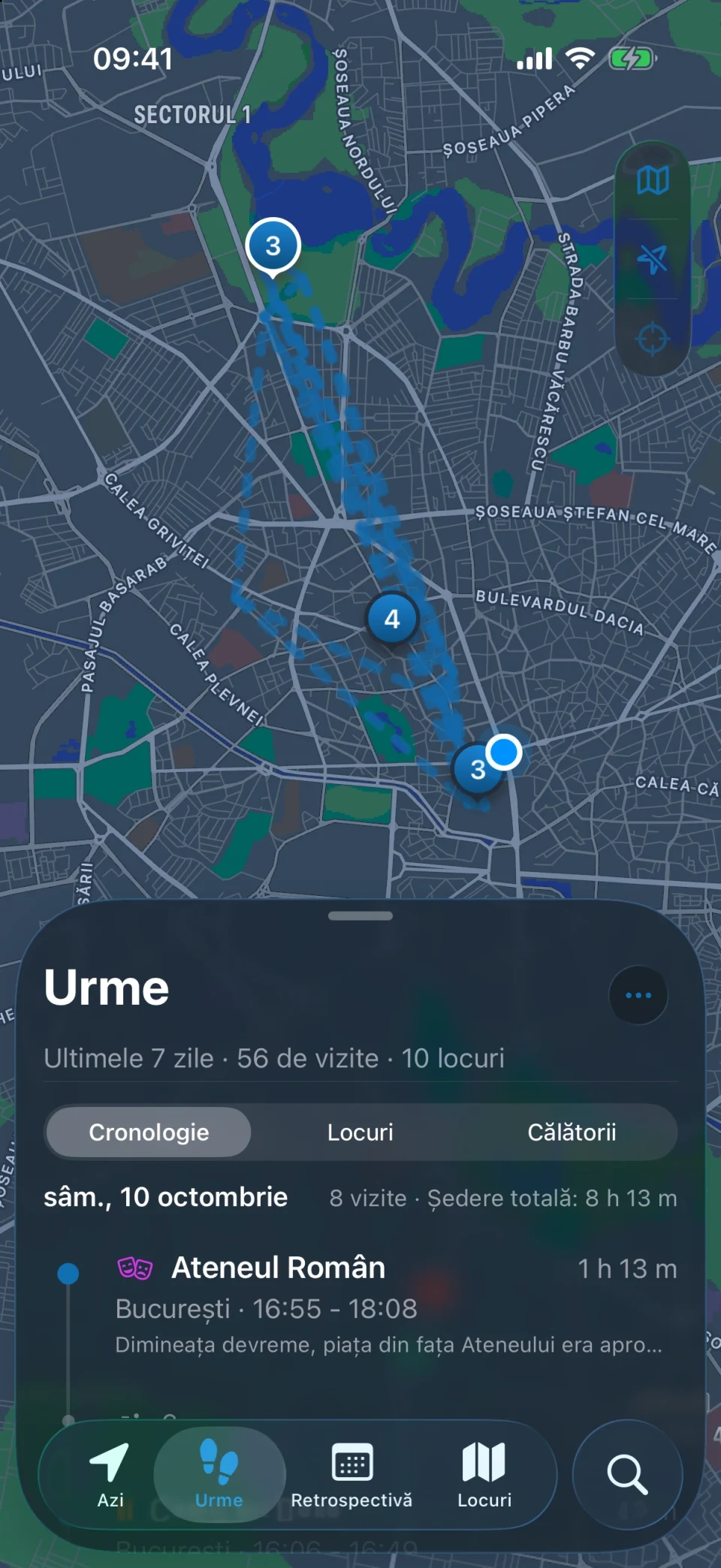 Ecranul Urme din MeTrail cu rezumatul locurilor vizitate și vizitele pe zile