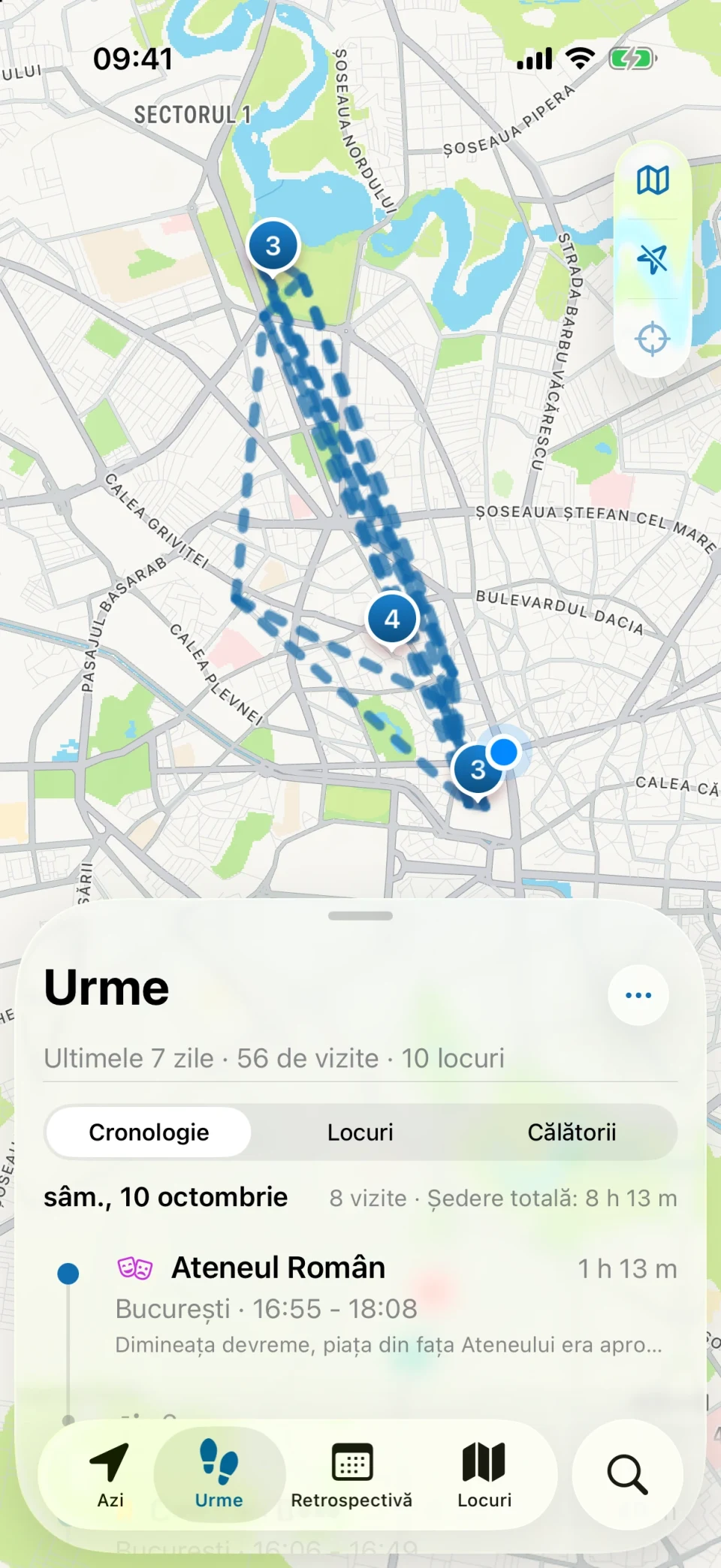 Ecranul Urme din MeTrail cu rezumatul locurilor vizitate și vizitele pe zile