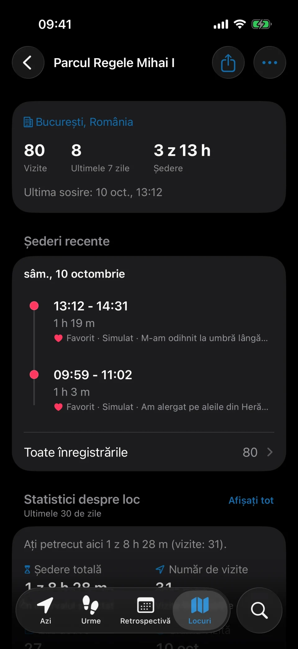 Detaliile unui loc în MeTrail cu numărul de vizite, durata șederii și istoricul