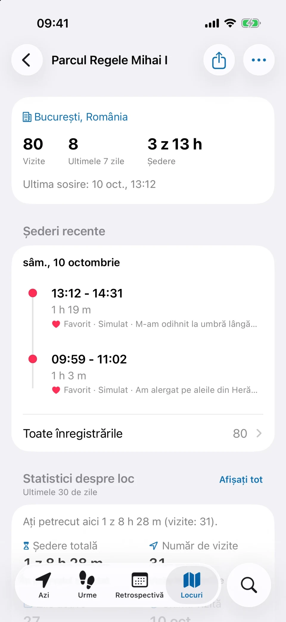 Detaliile unui loc în MeTrail cu numărul de vizite, durata șederii și istoricul