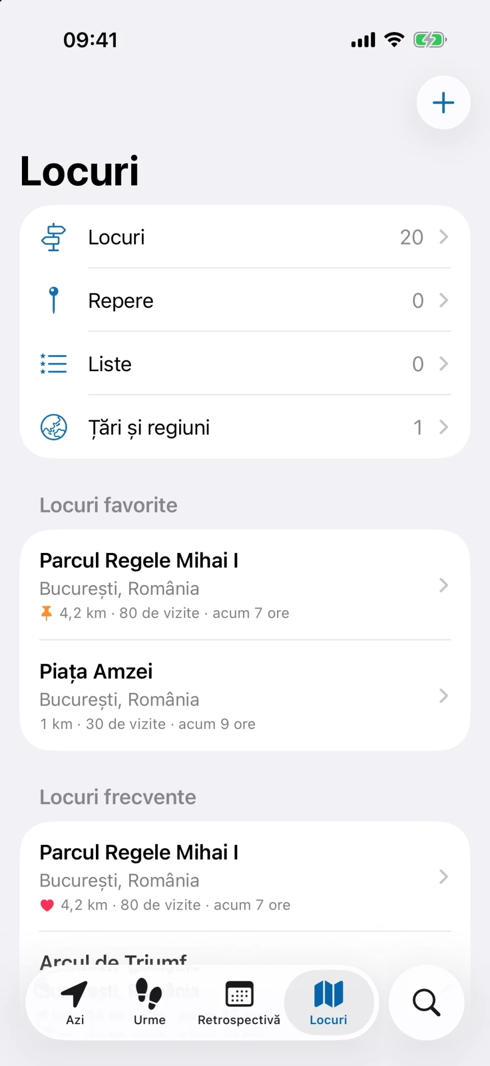 Fila Locuri din MeTrail cu locuri vizitate frecvent, favorite și etichete