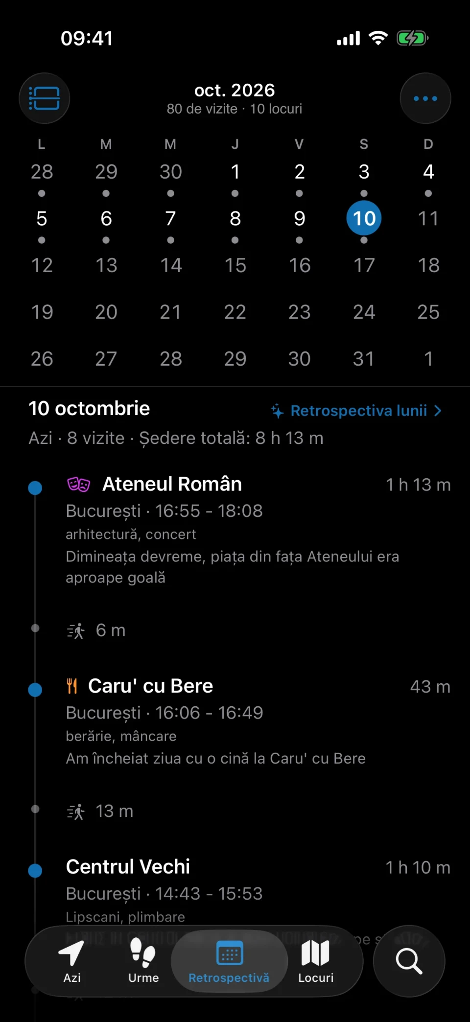 Fila Retrospectivă din MeTrail cu zilele înregistrate ale lunii