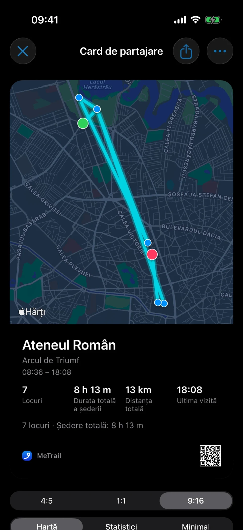 Cardul de partajare din MeTrail cu hartă și rezumatul șederii