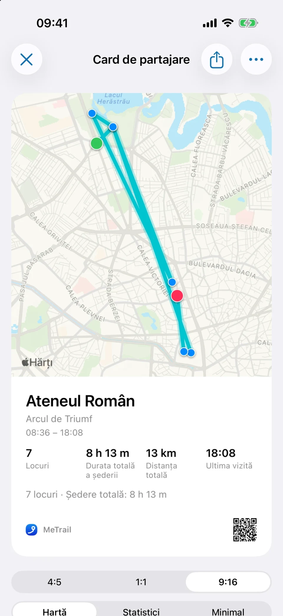 Cardul de partajare din MeTrail cu hartă și rezumatul șederii