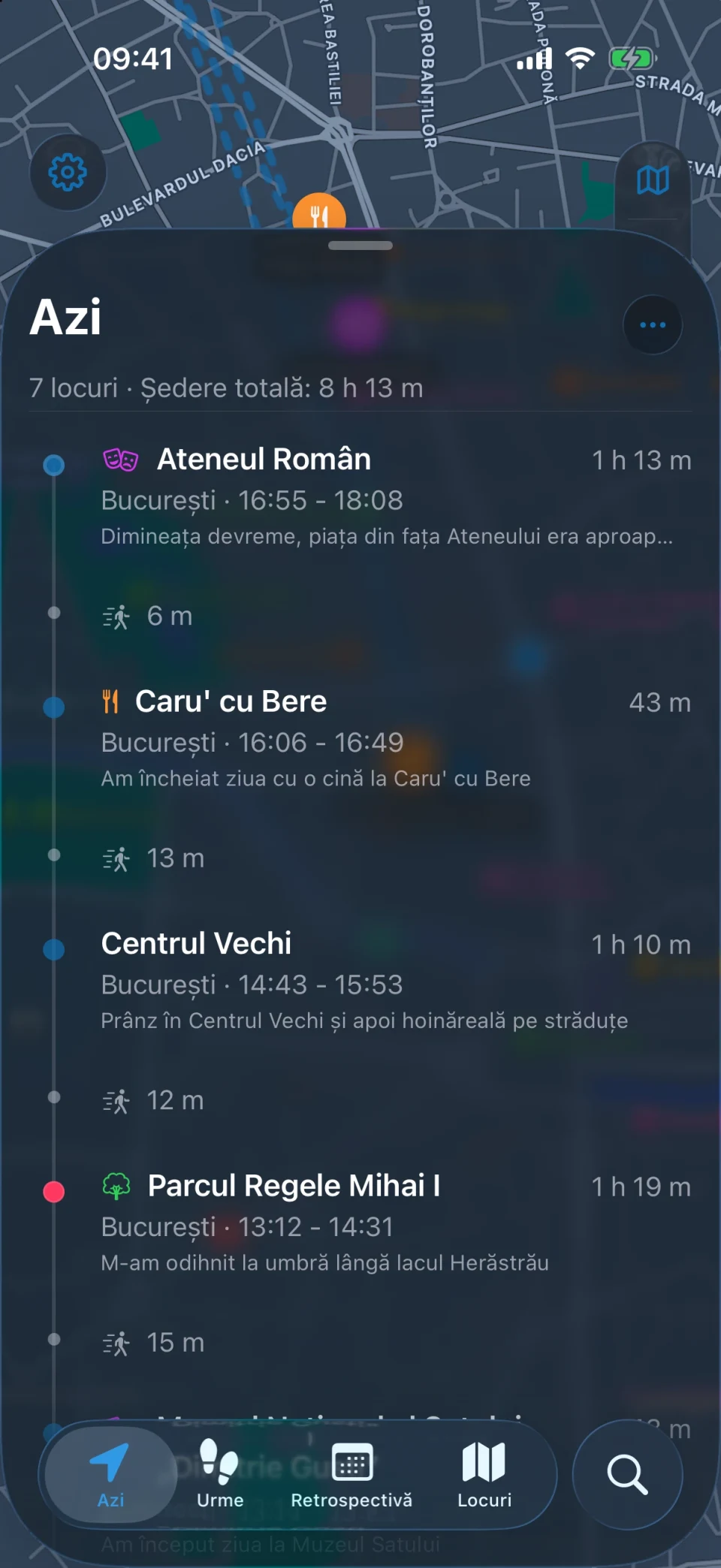 Ecranul Azi din MeTrail cu traseul zilei și locurile în ordine