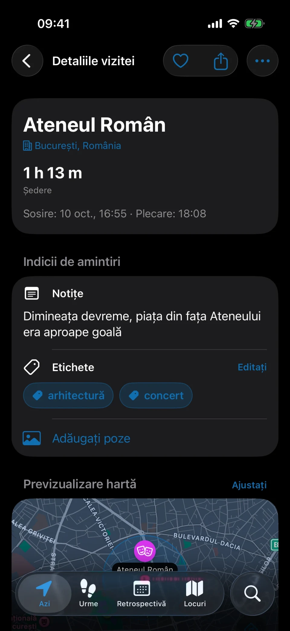 Detaliile vizitei în MeTrail cu durata șederii, acțiuni rapide și notițe salvate