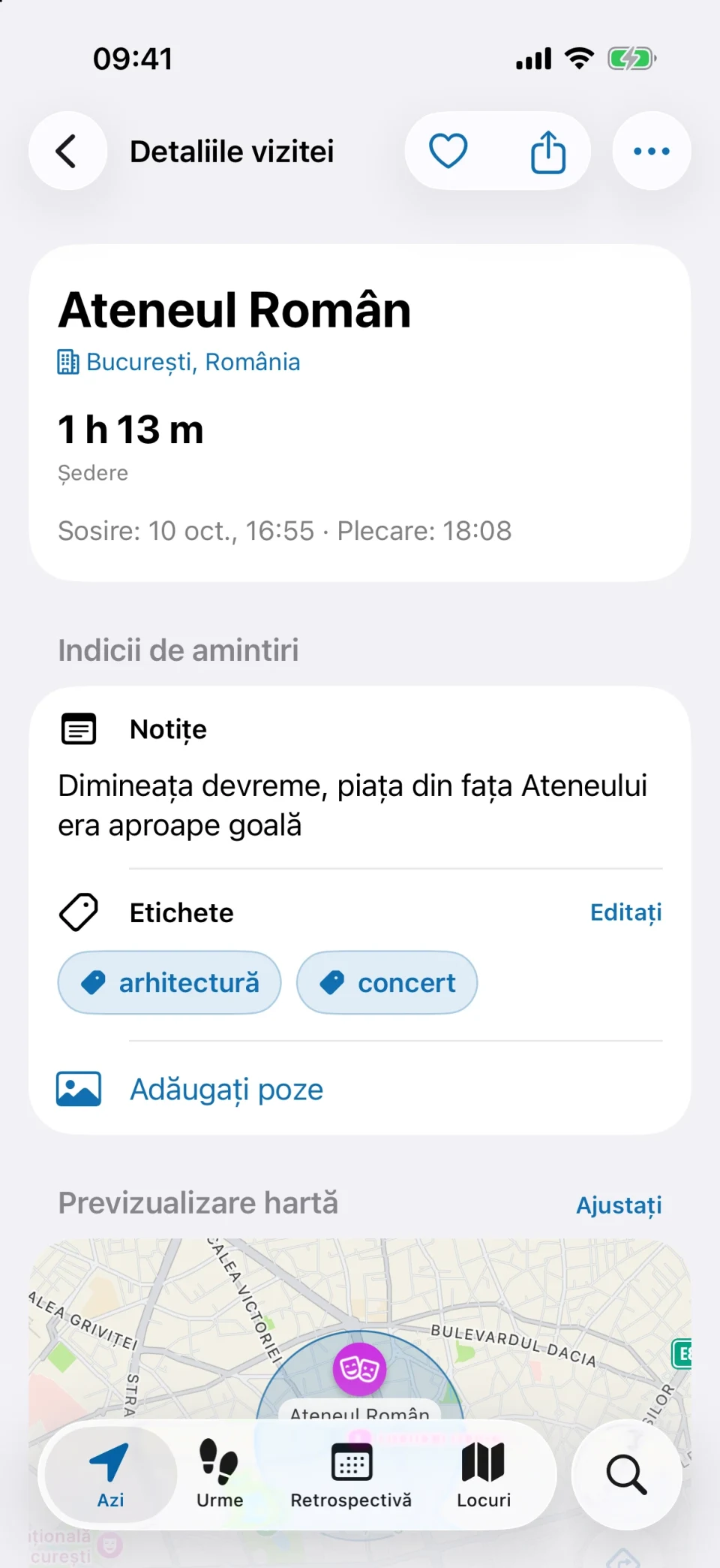 Detaliile vizitei în MeTrail cu durata șederii, acțiuni rapide și notițe salvate