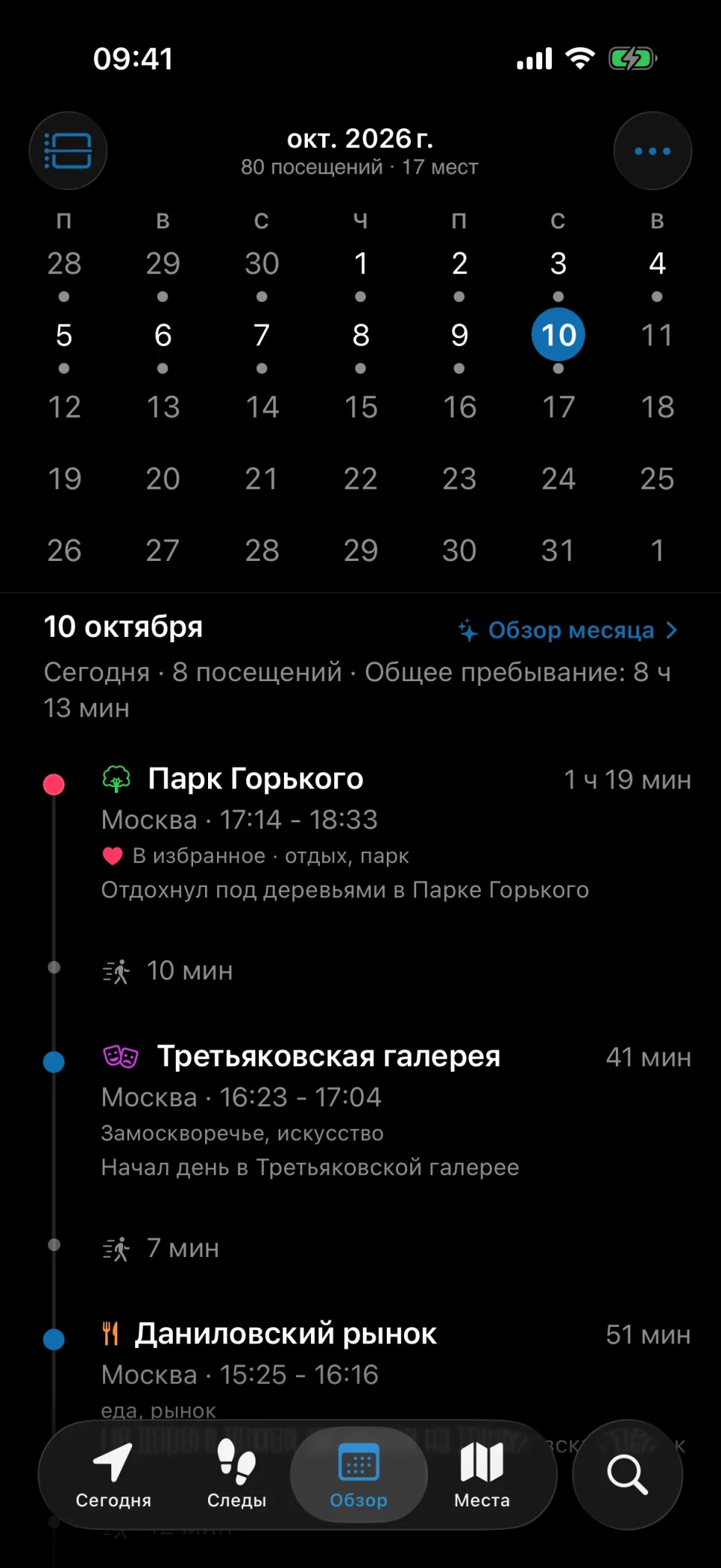 Вкладка «Обзор» в MeTrail с записанными днями месяца