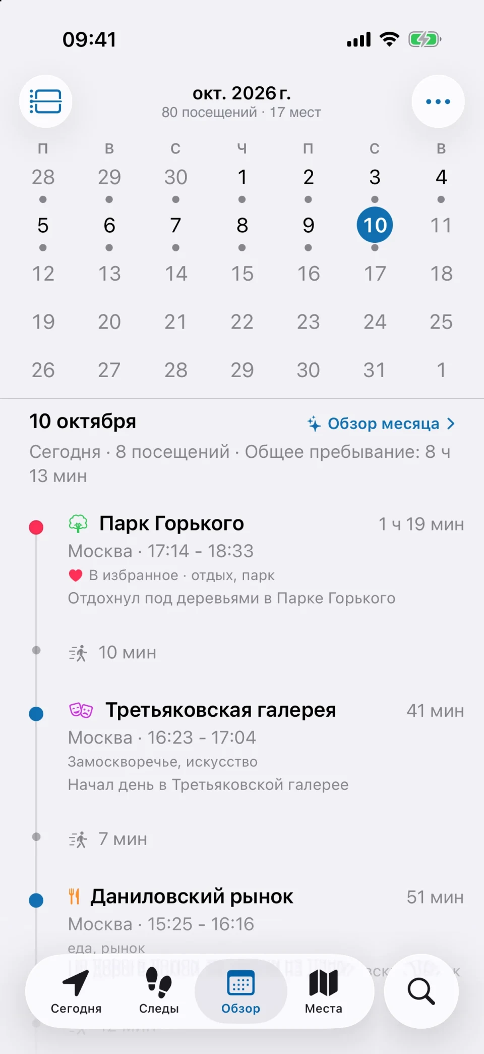 Вкладка «Обзор» в MeTrail с записанными днями месяца