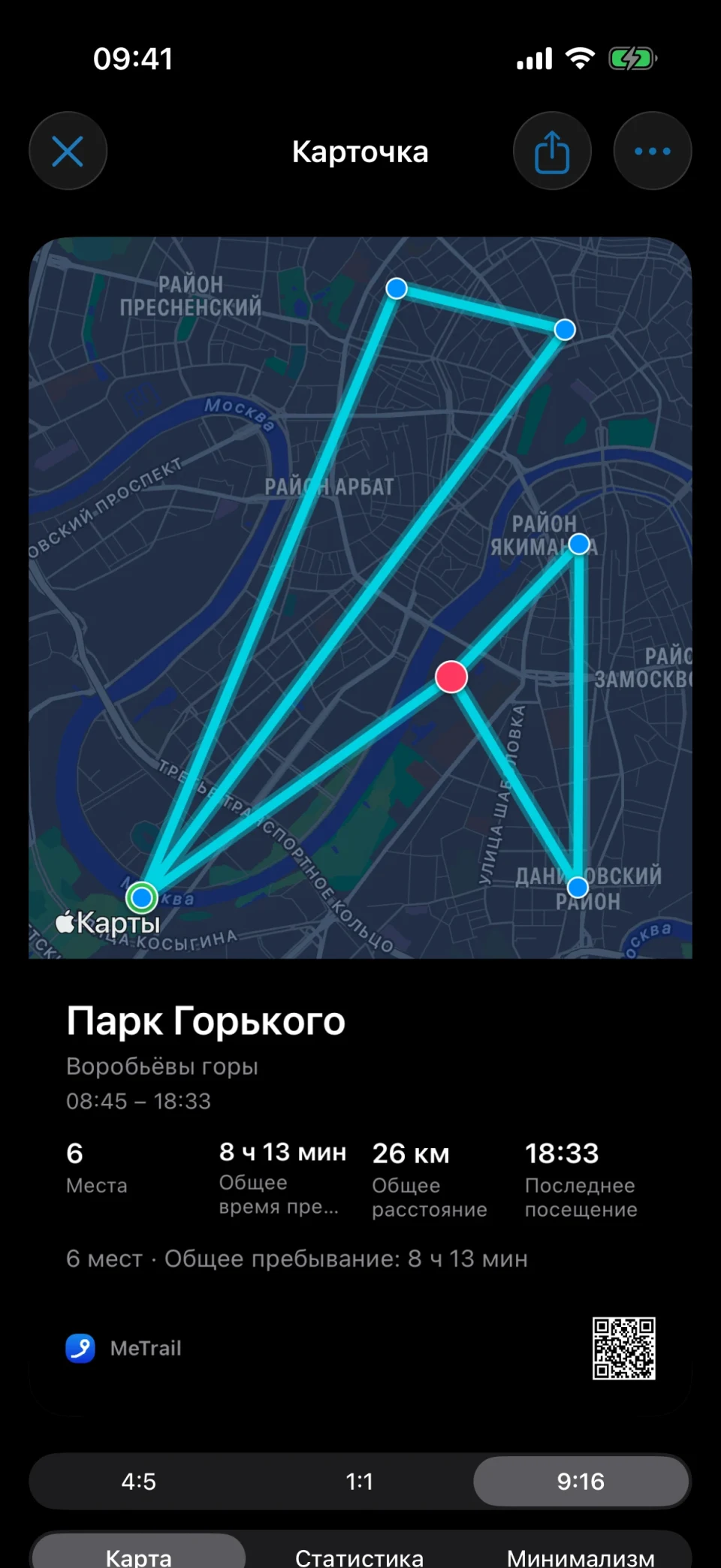 Карточка для публикации в MeTrail с картой и сводкой пребывания