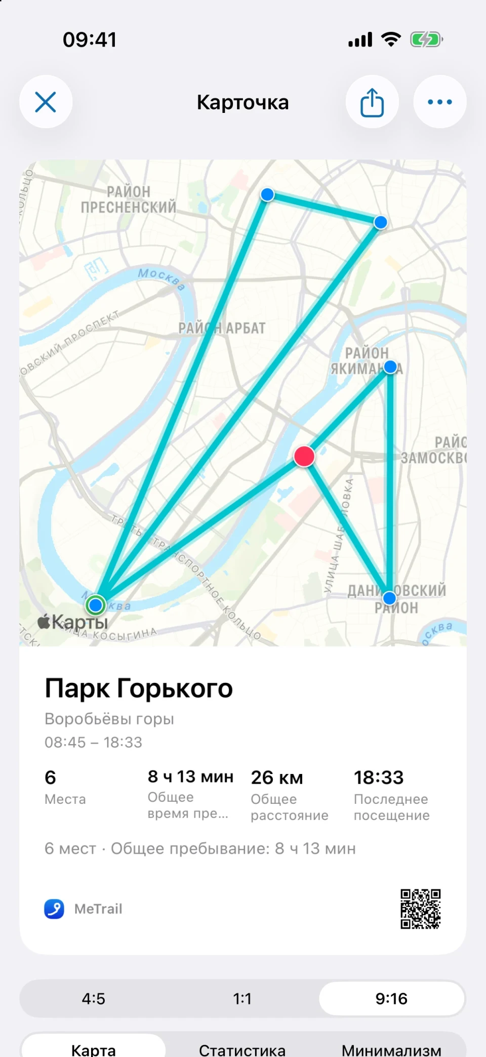 Карточка для публикации в MeTrail с картой и сводкой пребывания
